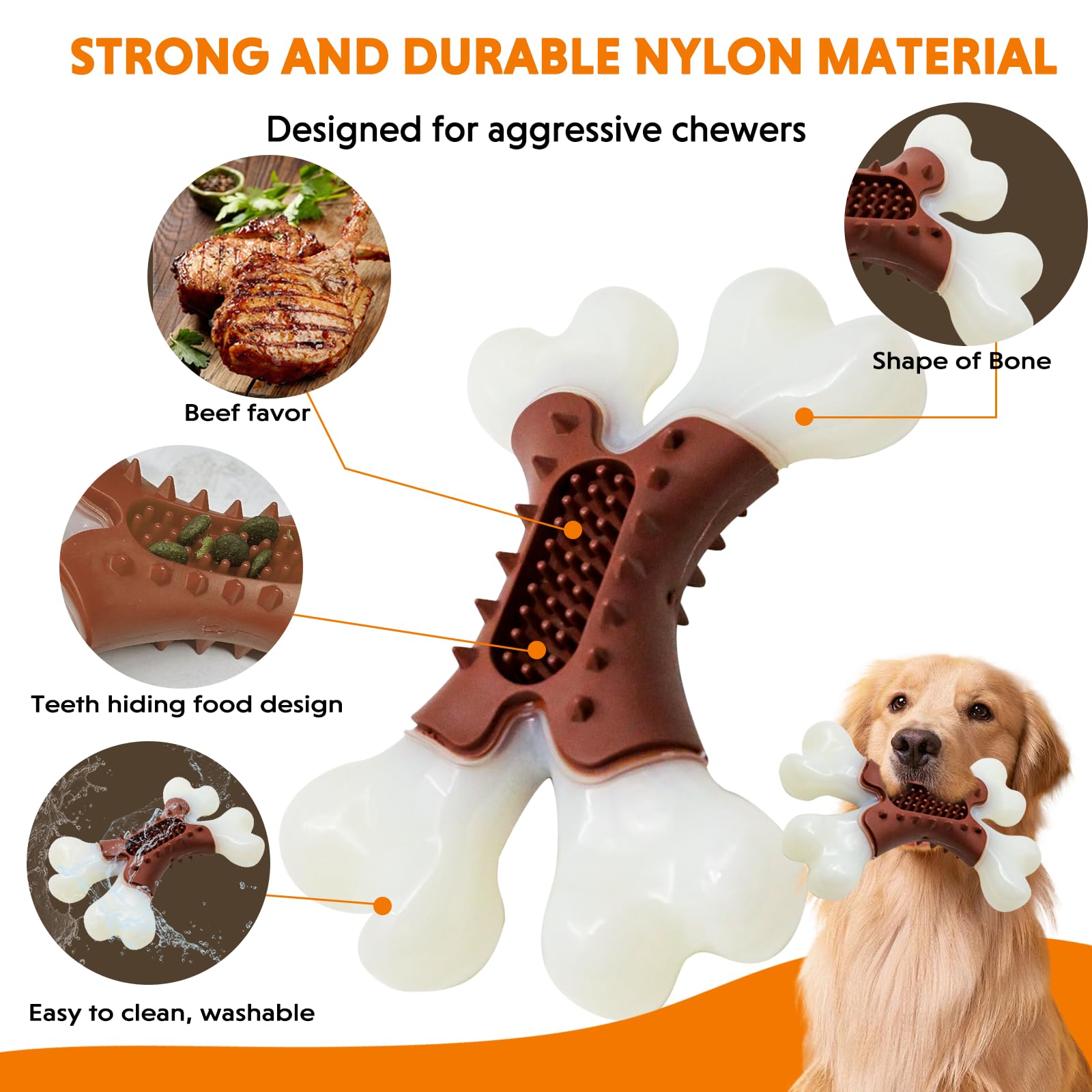 Laroo Dog Chew Toys For Aggressive Chewers, Durable Nylon Bones Tough Toys For Training And Cleaning Teeth, Interactive Treat Di