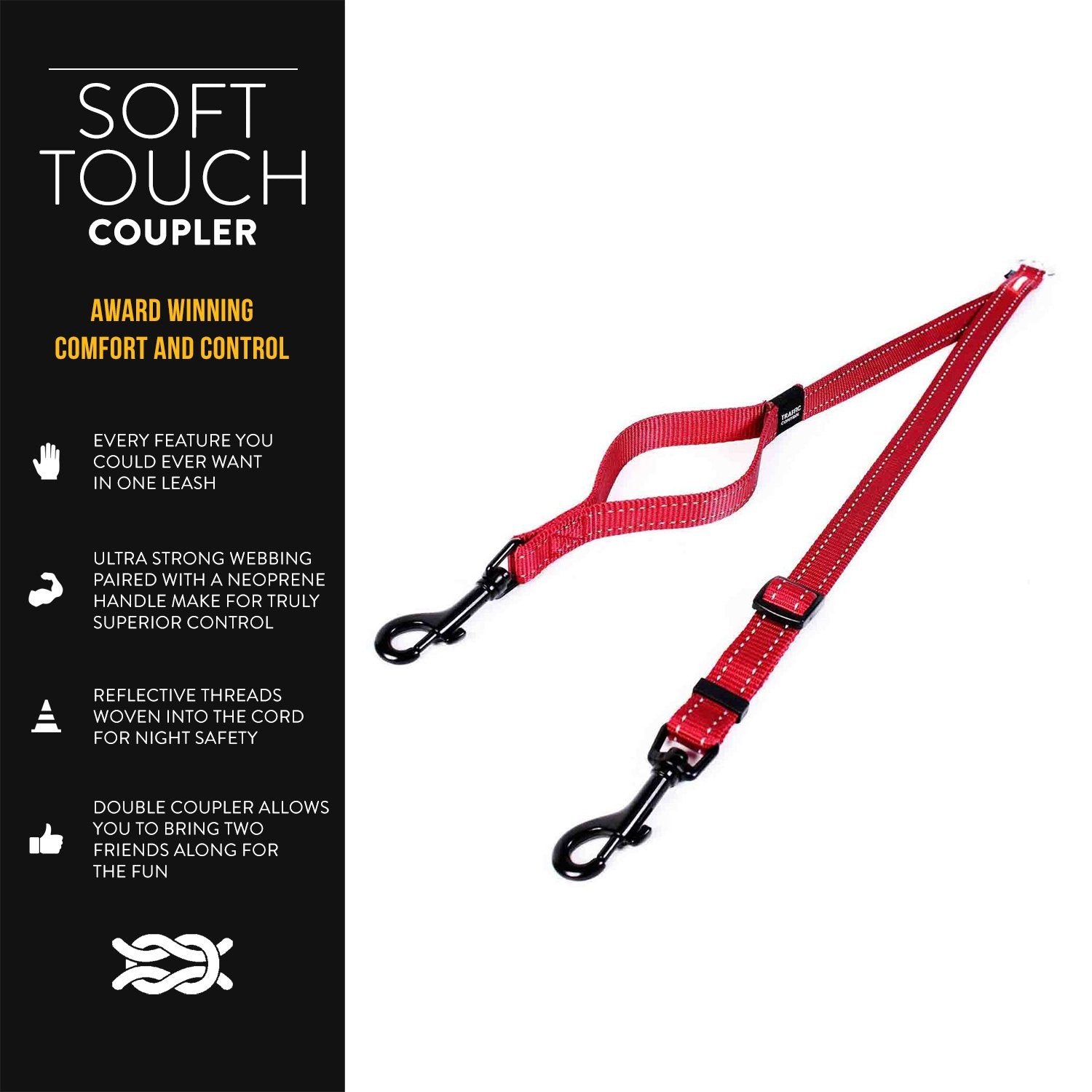 EzyDog Soft Touch Coupler Double Dog Leash - Adjustable 14-24 Inches, Reflective, Black, Model 807203120609