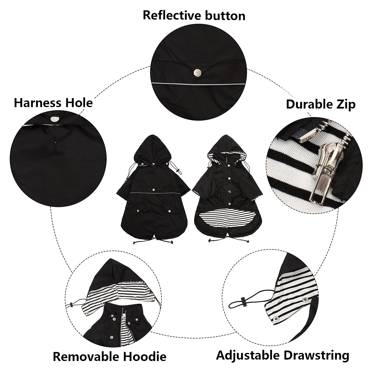 Morezi Dog Zip Up Dog Raincoat With Reflective Buttons, Rain/Water Resistant, Adjustable Drawstring, Removable Hood, Stylish Premium Dog Raincoats - Size Xs To Xxl Available - Black - M