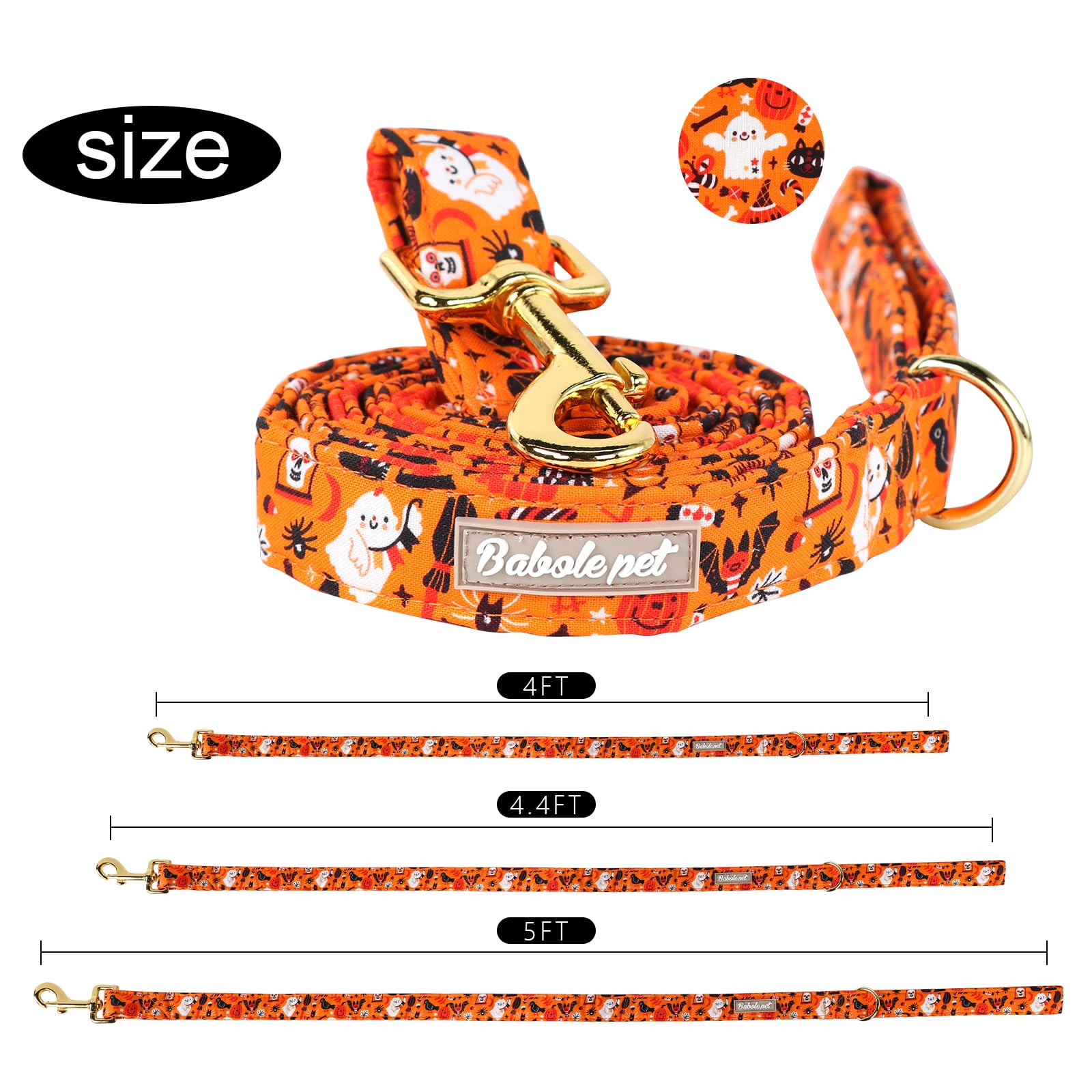 Babole Pet Halloween Dog Leash - Durable Handmade Orange & Gold Pumpkin Design With Soft Handle, Manual Adjustment, Matching Col