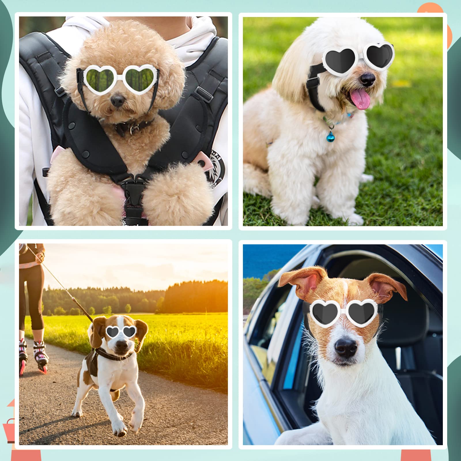 Lewondr Small Dog Sunglasses Uv Protection Goggles Eye Wear Protection With Adjustable Strap Doggy Heart Shape Anti-Fog Sunglasses For Pet Dogs Sun Glasses Doggie Windproof Glasses, White