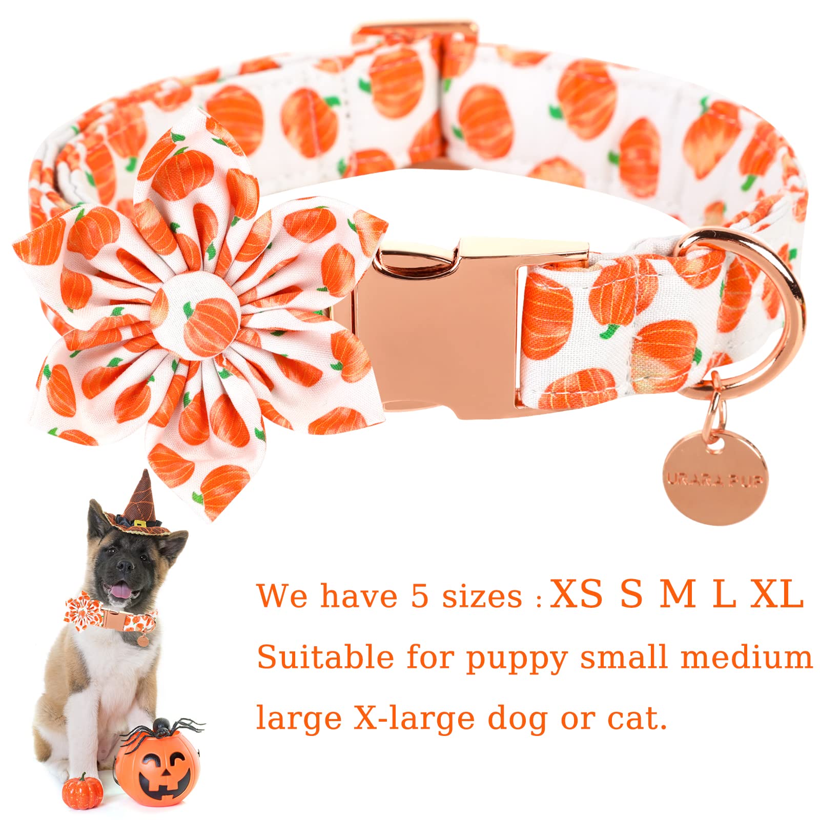 Up Urara Pup Halloween Dog Collar With Flower, Pumpkin Cotton Flower Collar For Small Girl Boy Dog, Fall Dog Collar Flower With Durable Metal Buckle, Adorable Pumpkin Pet Collar, S, Neck 10-16In