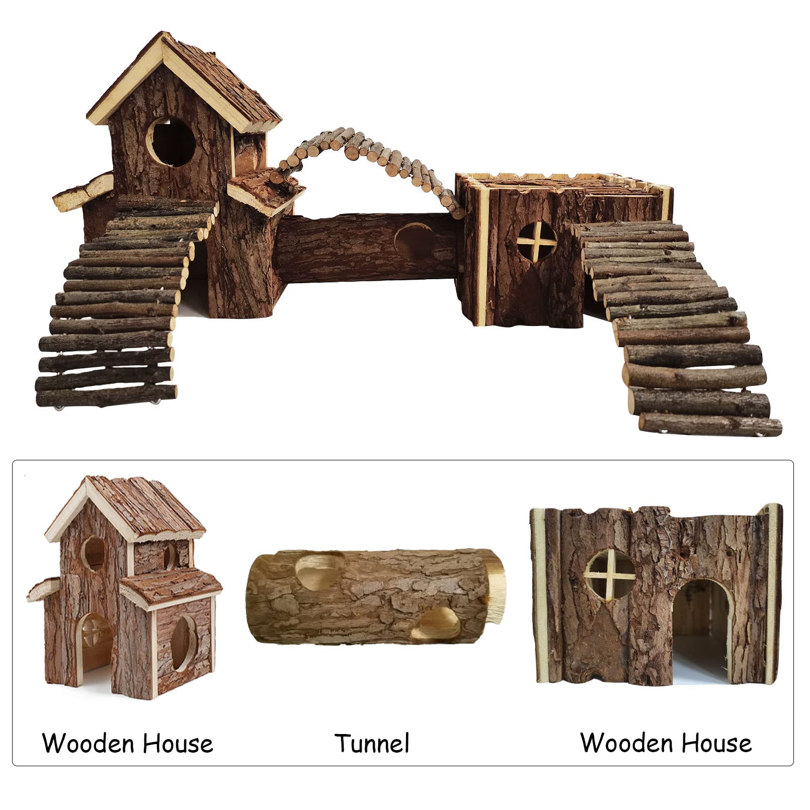 Natural Wooden Hamster Tunnel Playground Small Animal Multi-Room Hideouts Houses With Climbing Ladders & Bridge For Dwarf Hamste