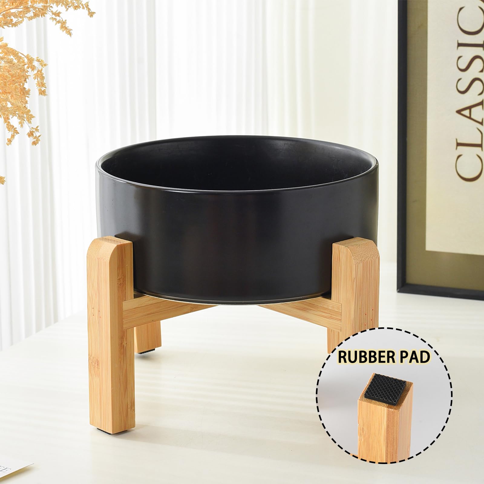Welloyed 6 Ceramic Raised Dog Bowl - 30Oz Dog Food & Water Bowl with Elevated Non-Slip Bamboo Stand, Dishwasher & Microwave Sa