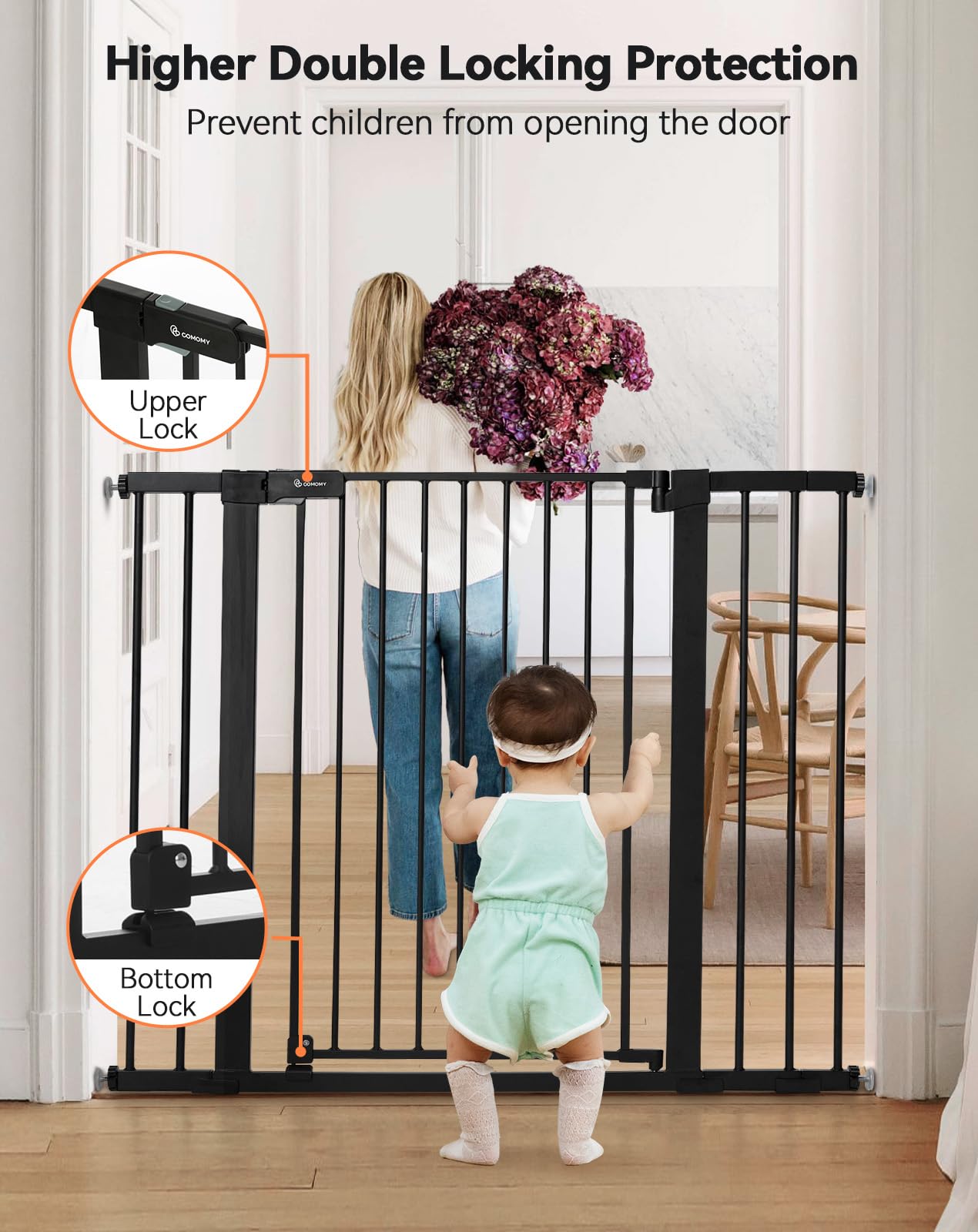 Comomy 36' Extra Tall Baby Gate For Stairs Doorways, Fits Openings 29.5' To 40.6' Wide, Auto Close Sturdy Safety Dog Gate For House, Pressure Mounted Easy Walk Through Pet Gate With Door, Black