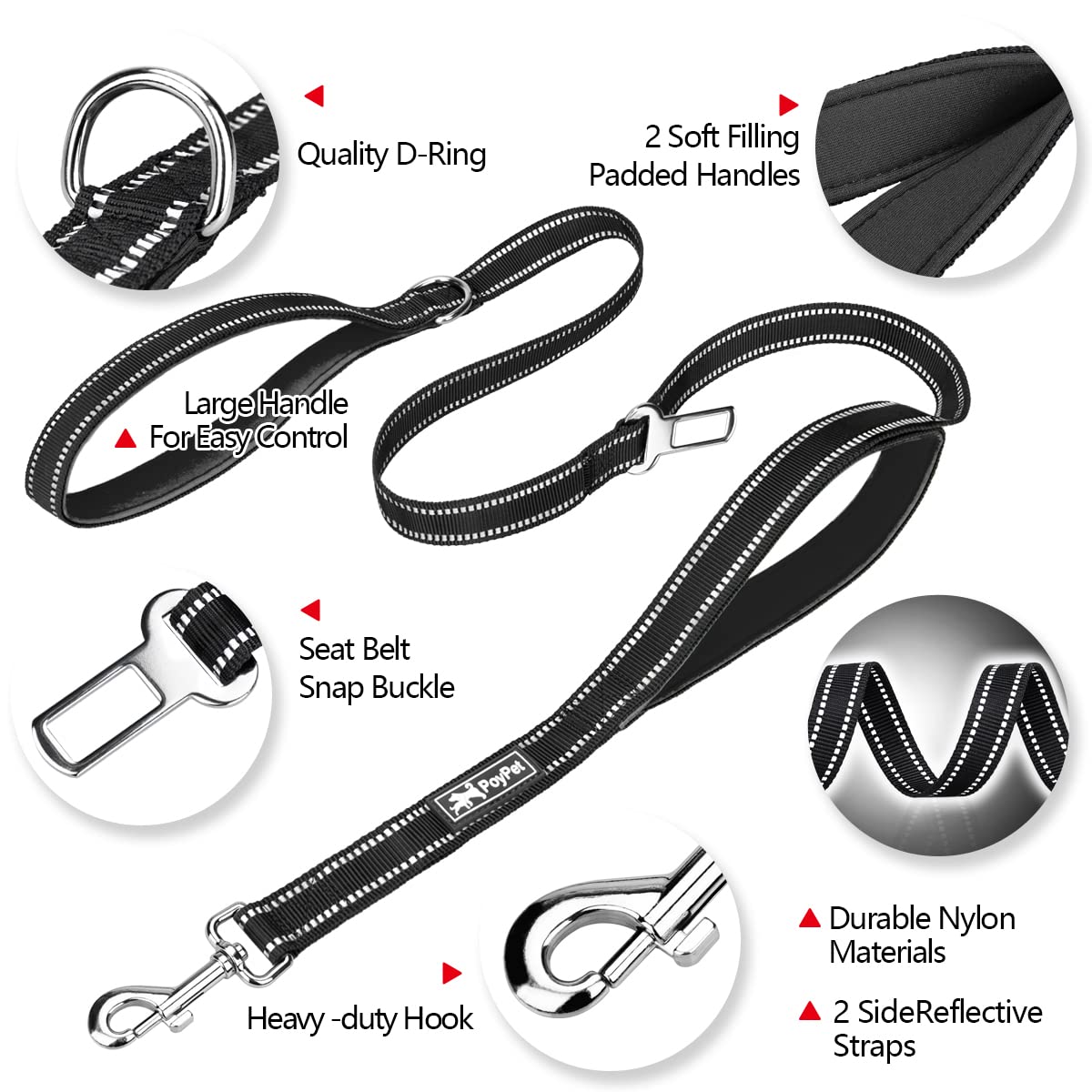 Poypet 5 Feet Dog Leash - 3M Reflective - 2 Cushioned Handles - Functional Car Seat Belt(Black)