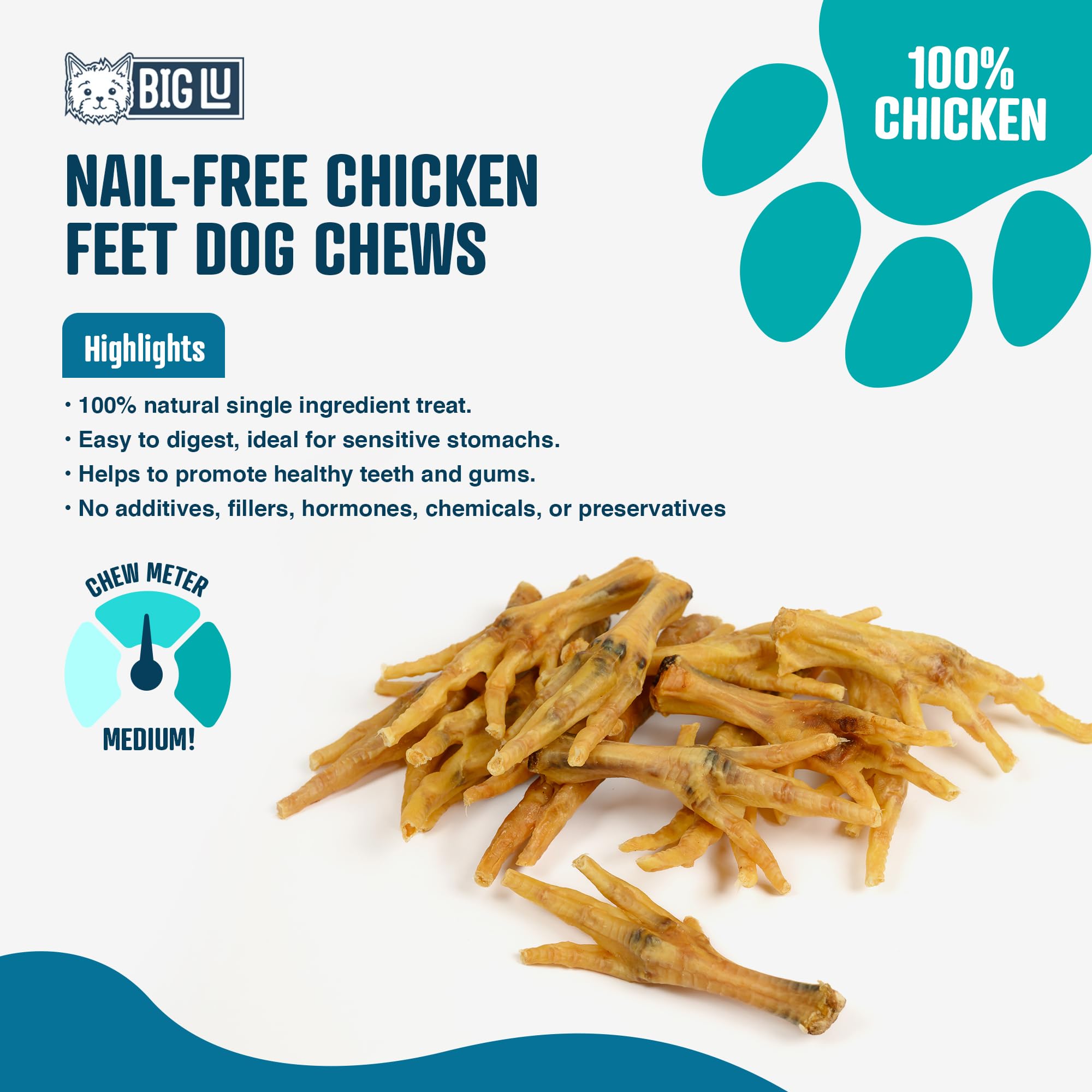 Big Lu - Nail-Free Chicken Feet Dog Chews, 100% Natural Single-Ingredient Treats, Rawhide-Free, Long-Lasting, Rich in Glucosamin