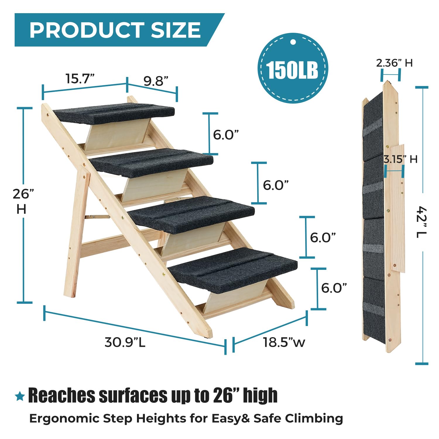 Sweetbin Wood Pet Stairs/Pet Steps For All Dogs And Cats - 2-In-1 Foldable Carpeted 3 Tiers Dog Stairs & Ramp Perfect For Beds And Cars - Portable Dog/Cat Ladder Up To 150 Pounds