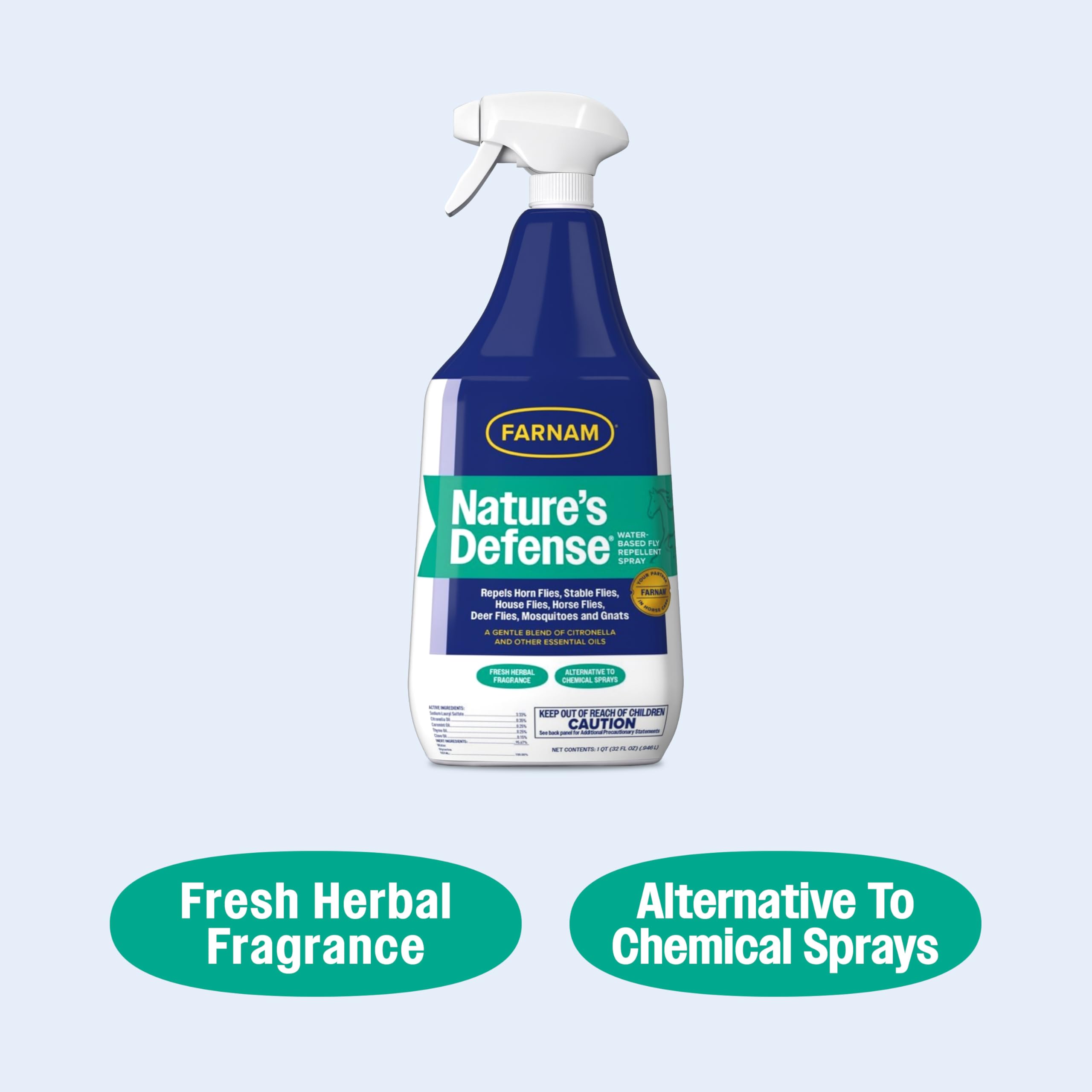 Farnam Natures Defense Water-Based Botanical Fly Repellent Spray for Horses, Ideal for Sensitive Skin, 32 oz