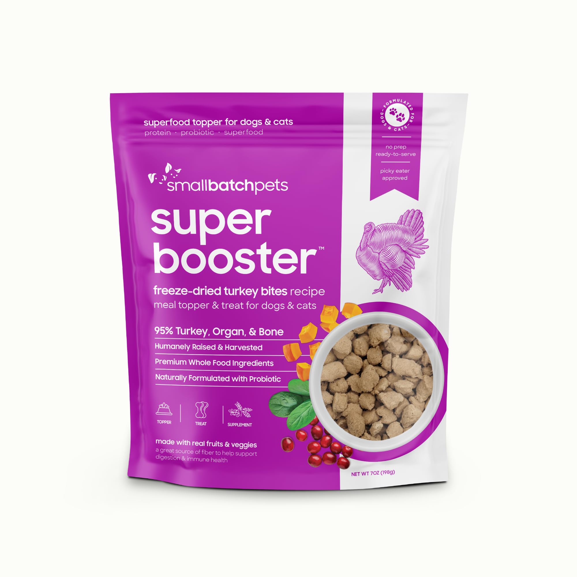 smallbatch Pets Freeze-Dried Super Booster Turkey Bites for Dogs & Cats, 7 oz, Made in The USA, Organic Produce, Humanely Source