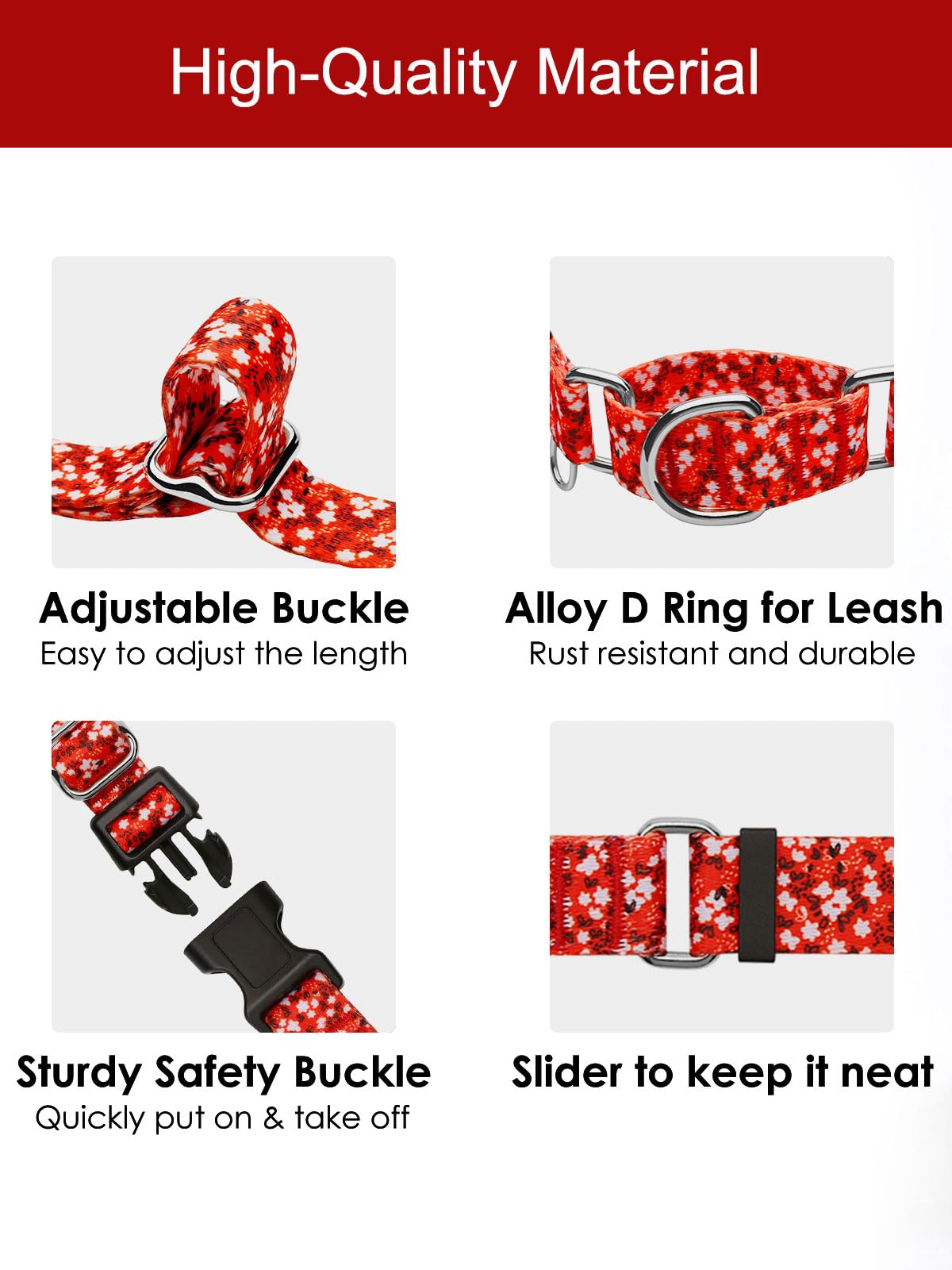Joocpup Martingale Dog Collar With Tag Ring - Adjustable Soft Nylon No-Slip Design For Small, Medium & Large Dogs, Red Flower S