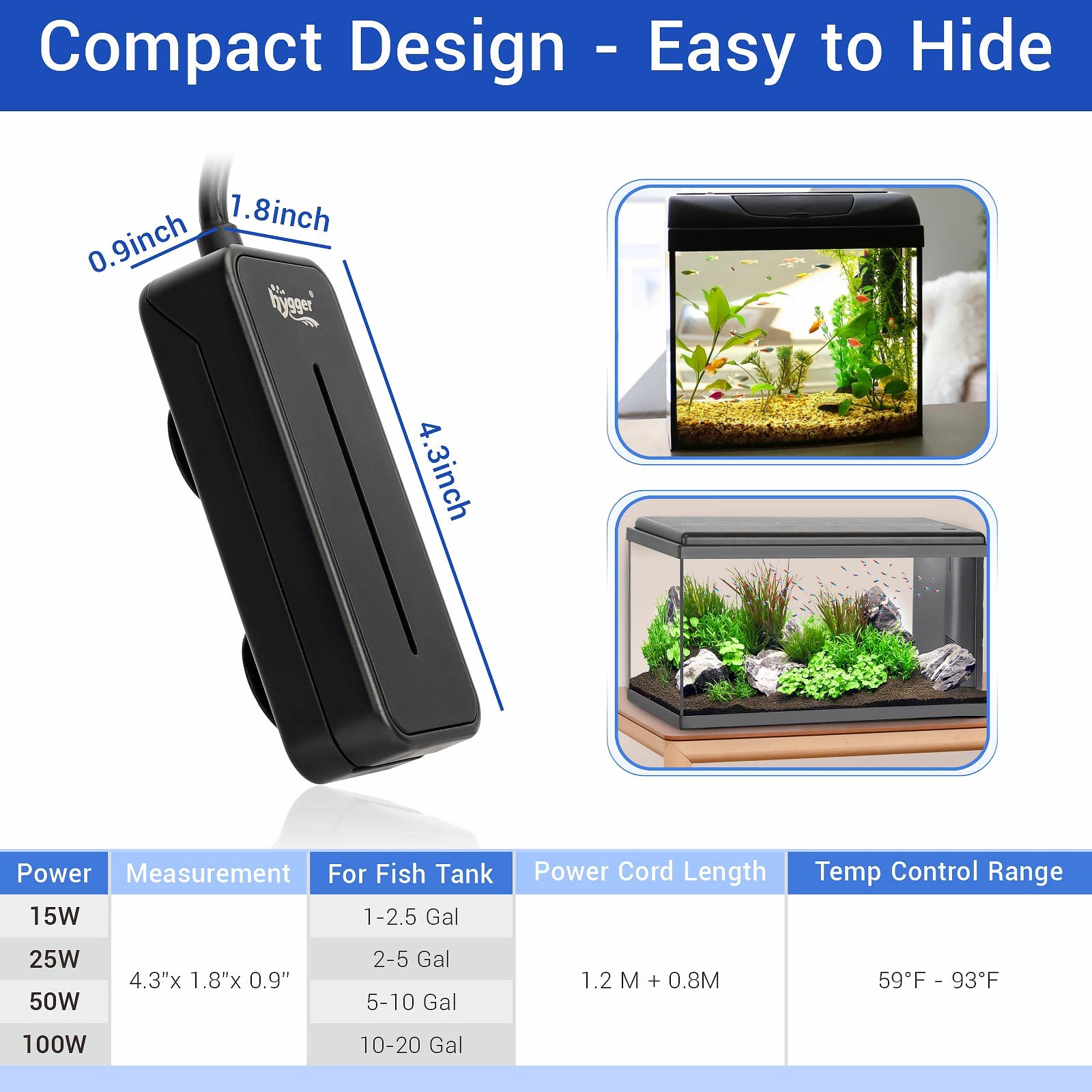Hygger Small Submersible Aquarium Heater 50W Mini Betta Fish Tank Heater With Thermostat For 5-10 Gallon Saltwater Freshwater