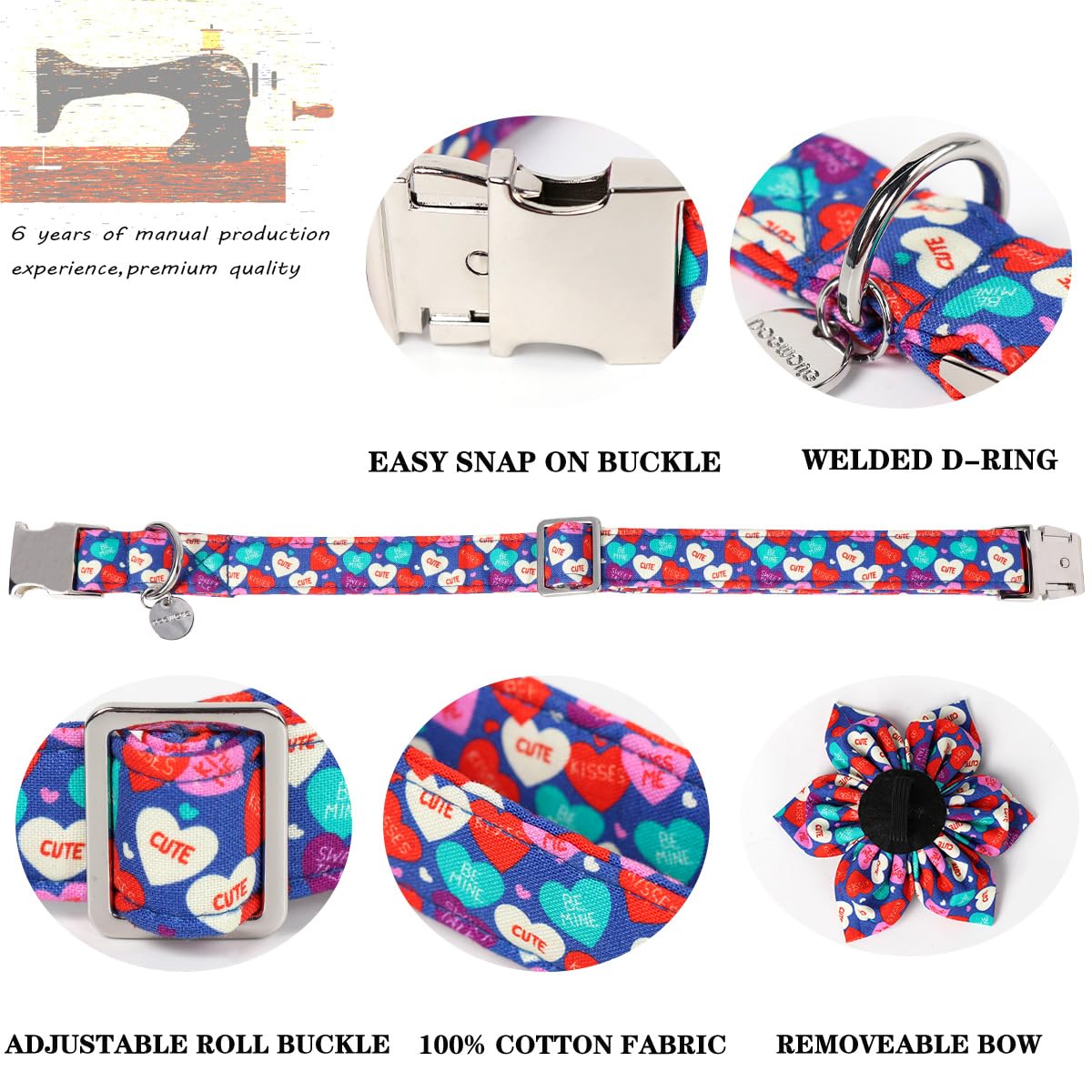 Dogwong Valentine'S Day Dog Collar With Flower, Blue Heart Bowtie, Adjustable Durable Pink Heart Collar For Small Medium Dogs