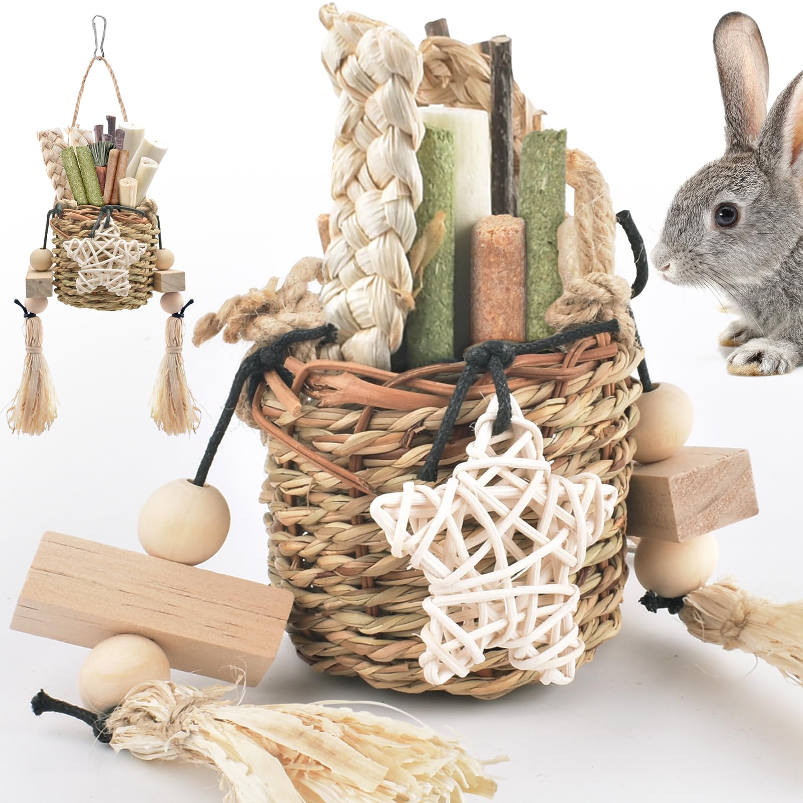 Bissap Bunny Chew Toys, Natural Seagrass Hanging Basket Chews Water Plant Woven Chinchillas Chewing Treats for Rabbits Guinea Pi