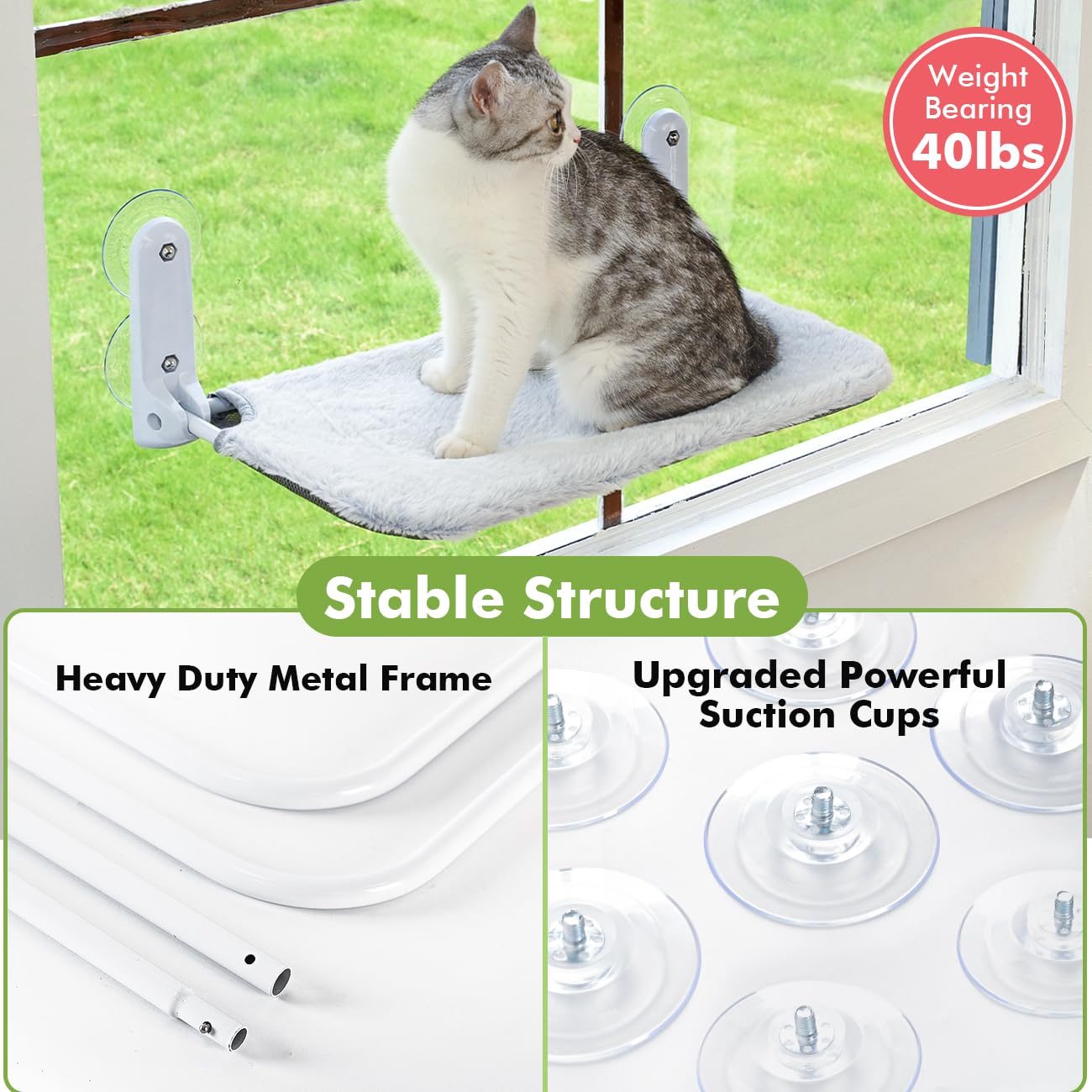 Zoratoo 2PC Grey Glow in The Dark Cat Window Perch - Foldable Hammock Bed with Sturdy Metal Frame for Indoor Cats