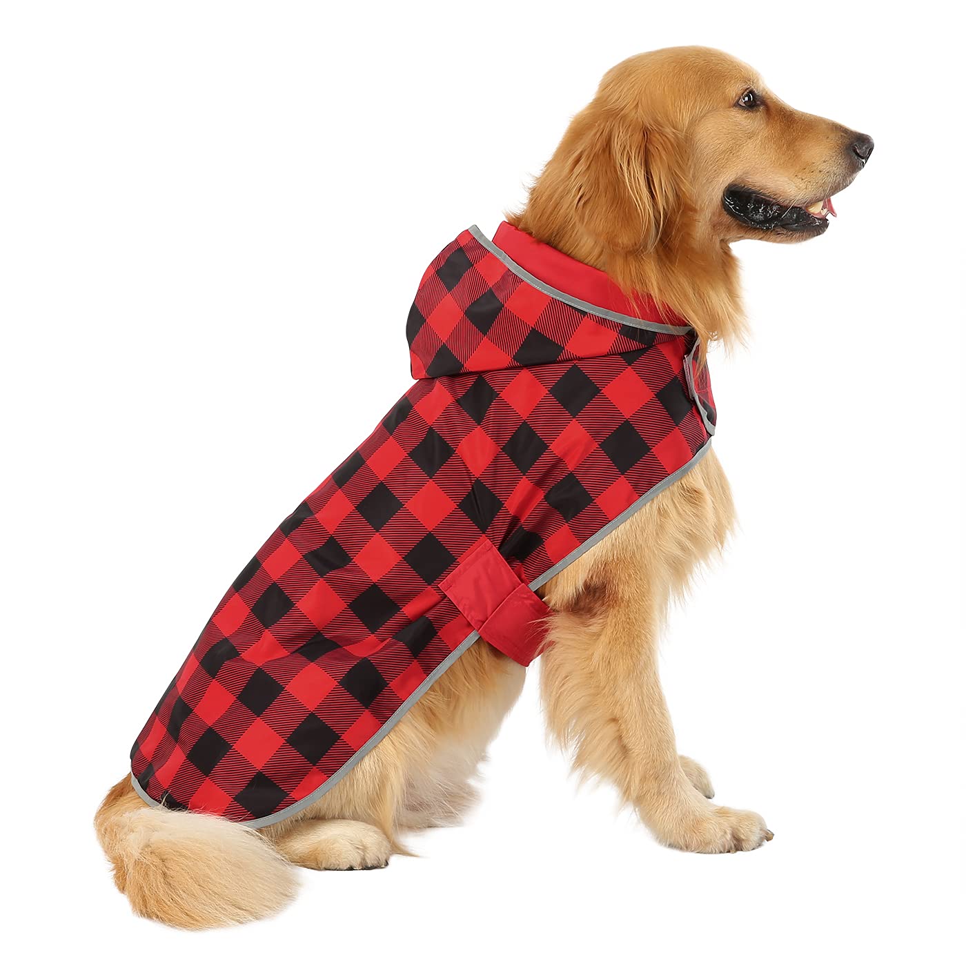 HDE Reversible Dog Raincoat Hooded Slicker Poncho Rain Coat Jacket for Small Medium Large Dogs Buffalo Plaid Red - L