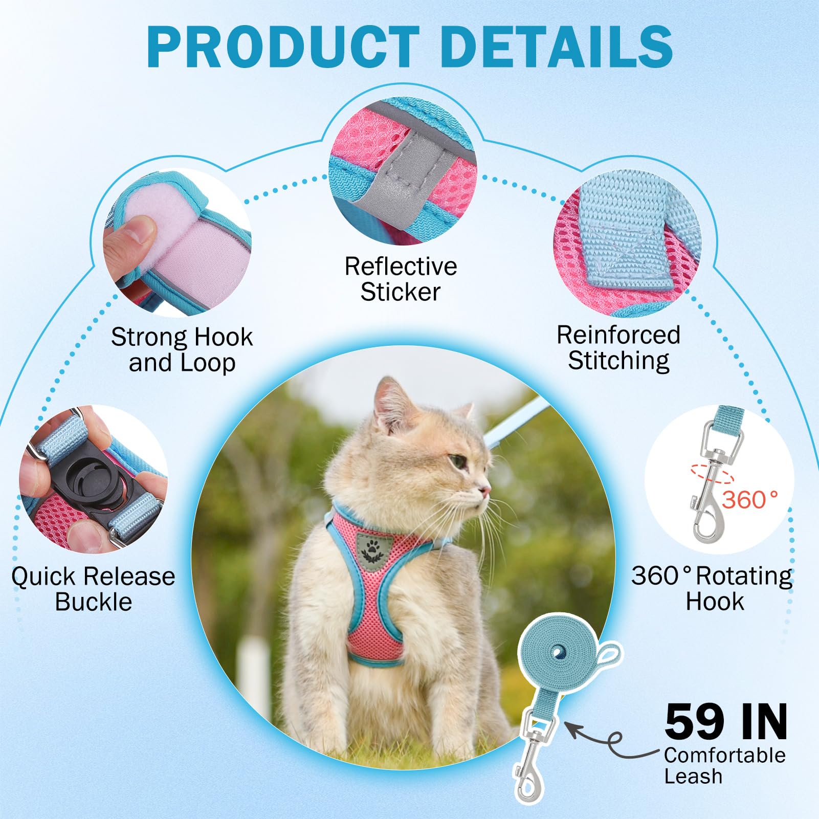 Scenereal Cat Harness And Leash Set Escape Proof, Adjustable Soft Air Mesh Kitten Harnesses For Girls Boys Small Medium Big Cats