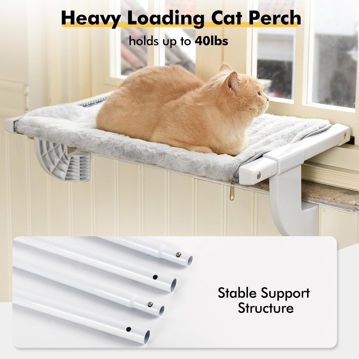 Zoratoo Window Sill Mount Cat Perch For Indoor Cats, One-Step Sliding Adjustment Cat Hammock Window Seat With Removable Two Fabrics Covers, No Suction Cups Cat Beds For Windowsill & Bedside (L)