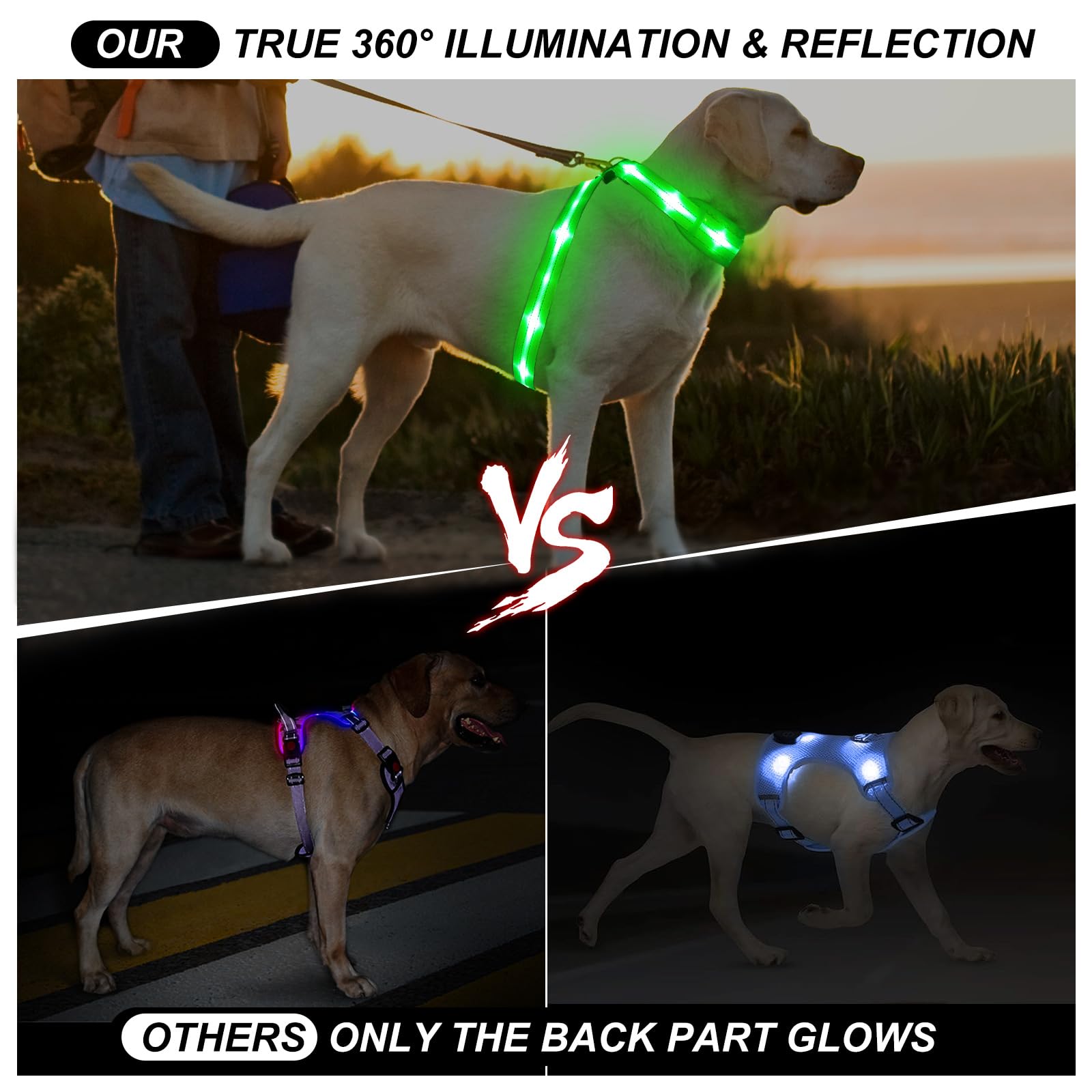 PZRLit LED Light Up Dog Vest Harness Rechargeable, Soft Padded, Adjustable & Reflective, Waterproof, Glow Dark Dog Light Harness