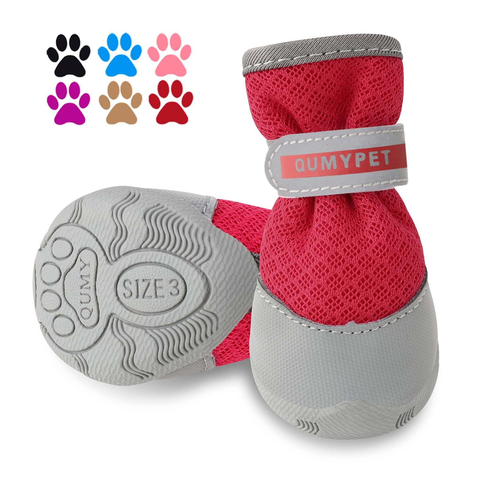 Qumy 2Pcs Small Dog Shoes For Hot Pavement Summer Puppy Dog Booties With Reflective Strip Soft Comfortable Anti-Slip Rubber Sole Red Size 4
