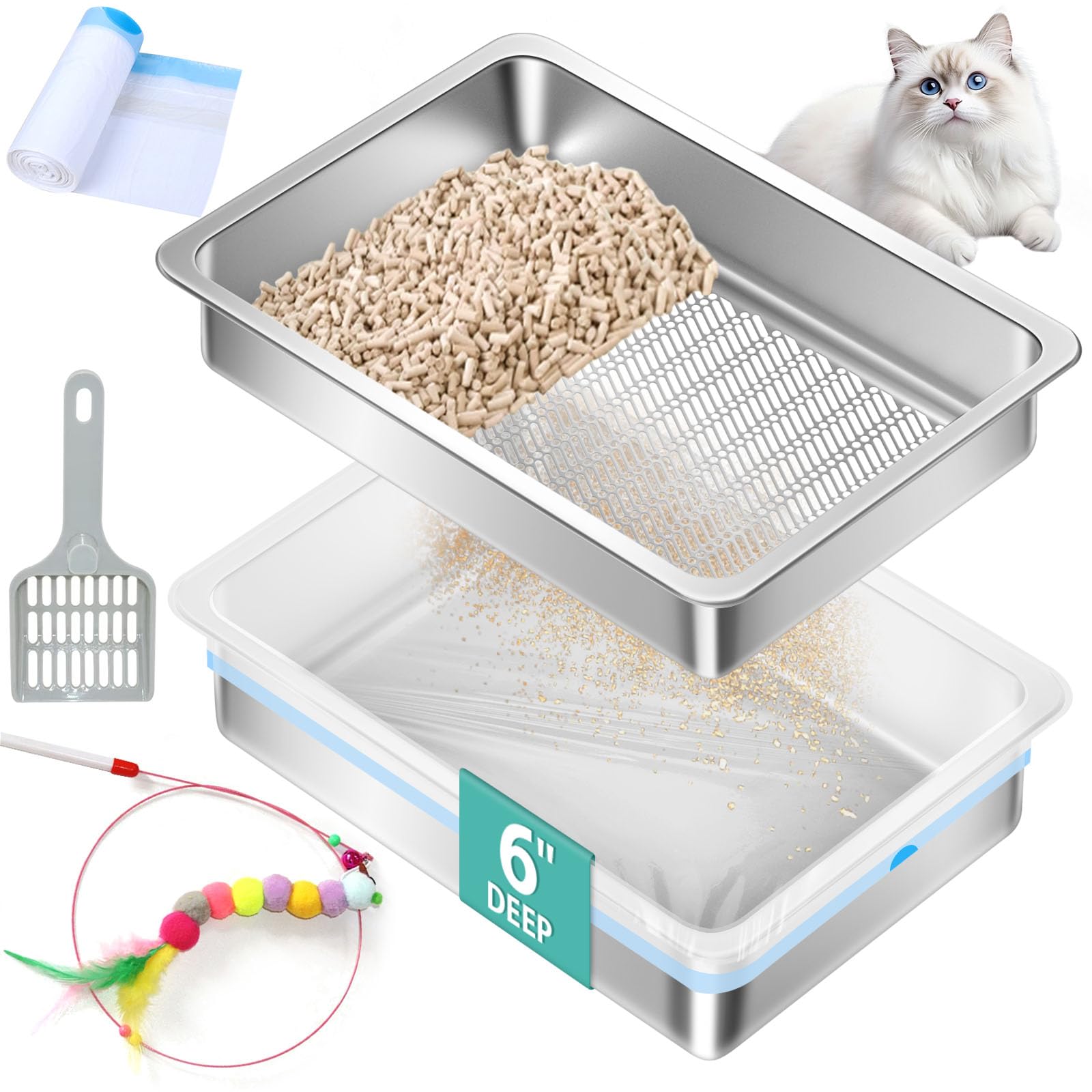 Amibud Stainless Steel Sifting Litter Box For Pine Pellets,Sifting Cat Litter Box For Wood Pellets,Extra Large Sifter Litter Pan