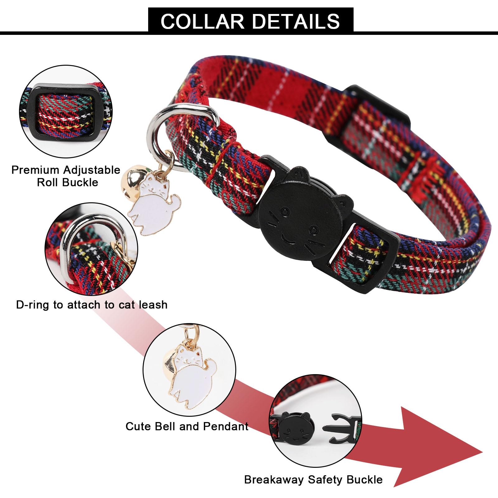 Unique Style Paws 2 Pack Christmas Kitten Collar Breakaway With Bell & Pendant, Adjustable Safety Cat Cotton Collars For Girl Bo