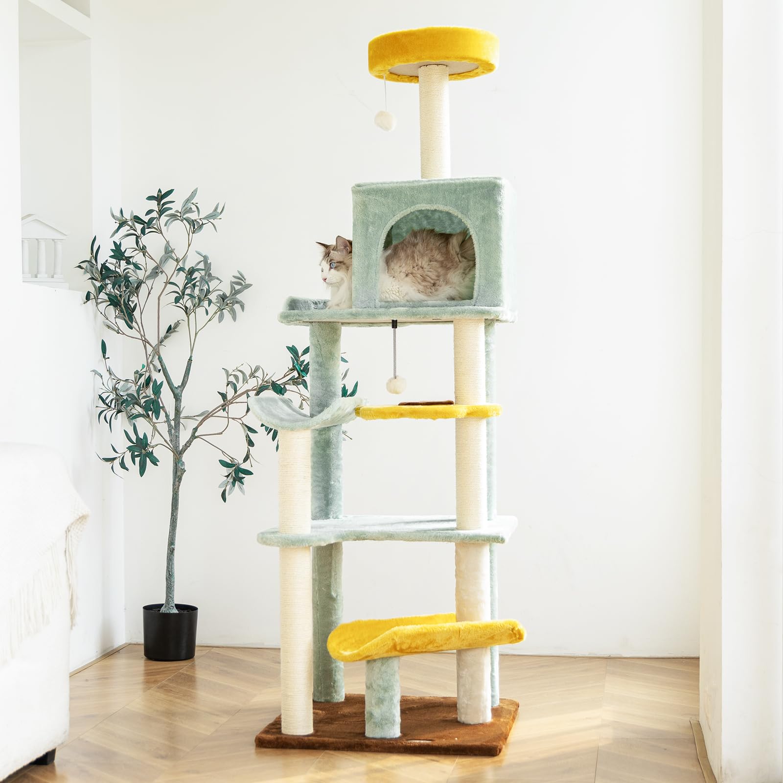 Hyabi 65.5 Inch Sunflower Cat Tree Tower Condo Furniture Apartment Plush Habitat Kitten Amusement Platform With Scratch Posts Toy Ball Pet House Play(Large 65.5' H)
