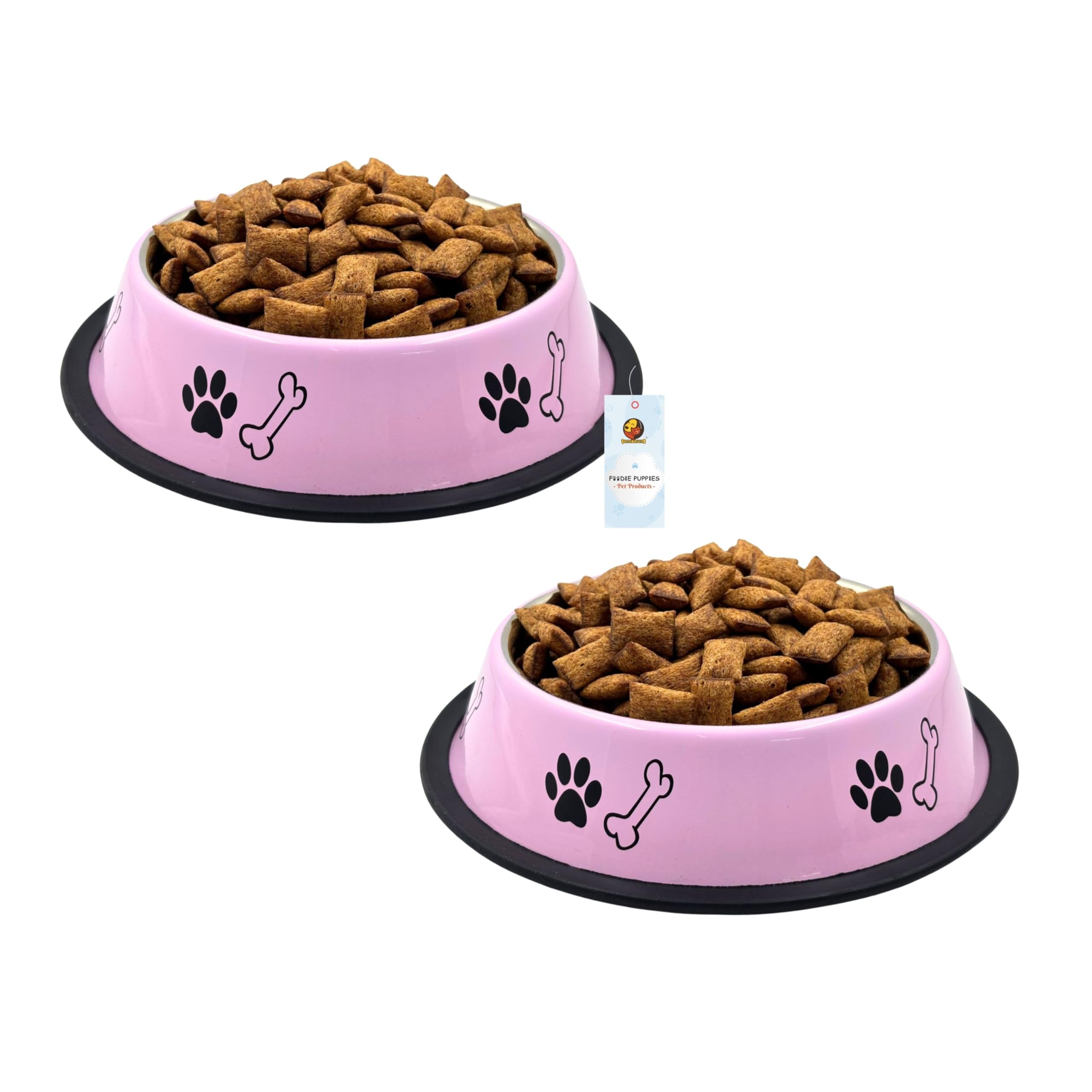 Foodie Puppies Stainless Steel Paw Bone Printed Bowl For Dogs, Cats & Any Pets  700Ml, Medium (Pack Of 2, Baby Pink) I NonSkid