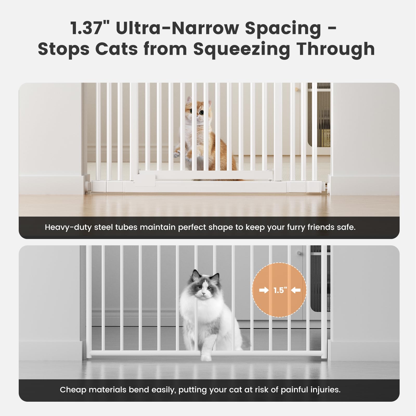 Gardner Pet 51-87 Extra Tall Cat Gate for Doorway, Wide Adjustable 27.56-37 Baby Gate Included 4 Extension Kits, Pressure Mounte