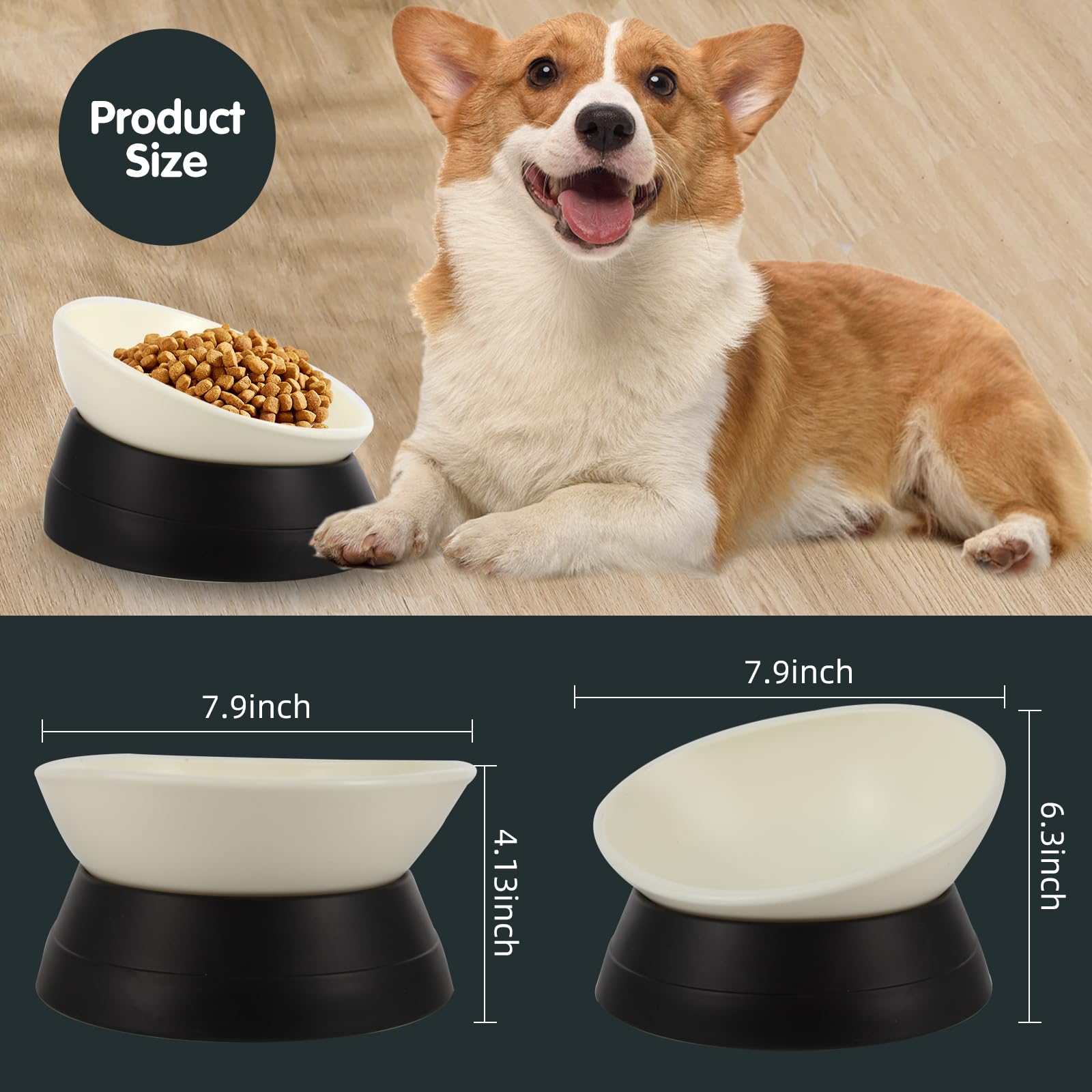 Bulldog Bowl Anti-Slip Dog Cat Dish Detachable Rubber Dog Bowl Pet Sterile Tilted Pet Feeder Slope Base (Black, 3.5 Cup (Medium/