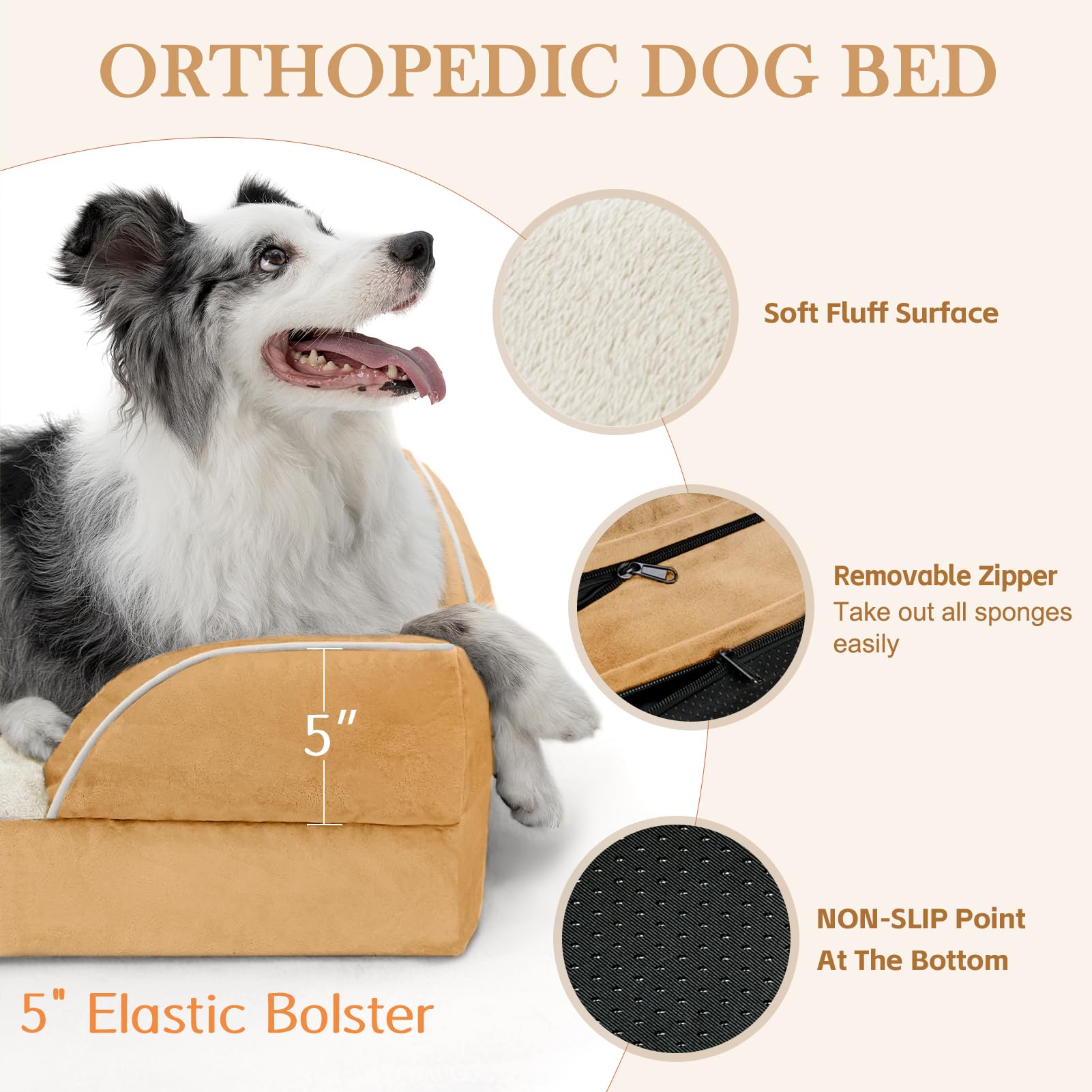 Comfort Expression Extra Large Dog Beds, Xl Dog Beds Waterproof, Orthopedic Dog Bed With Bolster, Washable Dog Bed Sofa Pet Bed With Removable Cover & Non-Slip Bottom(X-Large,Khaki)