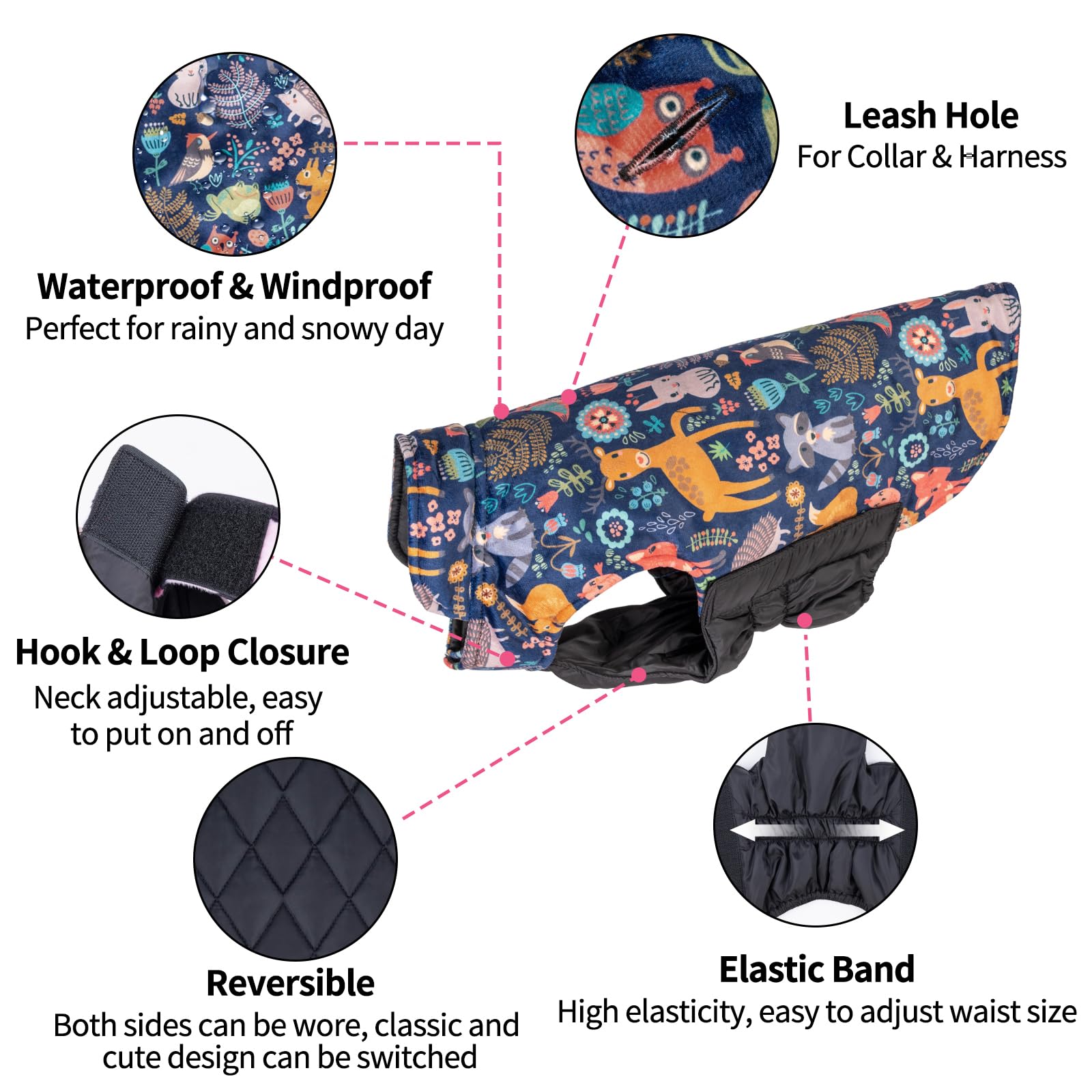 Cutebone Winter Dog Coat - Waterproof Windproof Reversible Jacket With Leash Hole - Thick Adjustable Soft Coats For Small To Lar