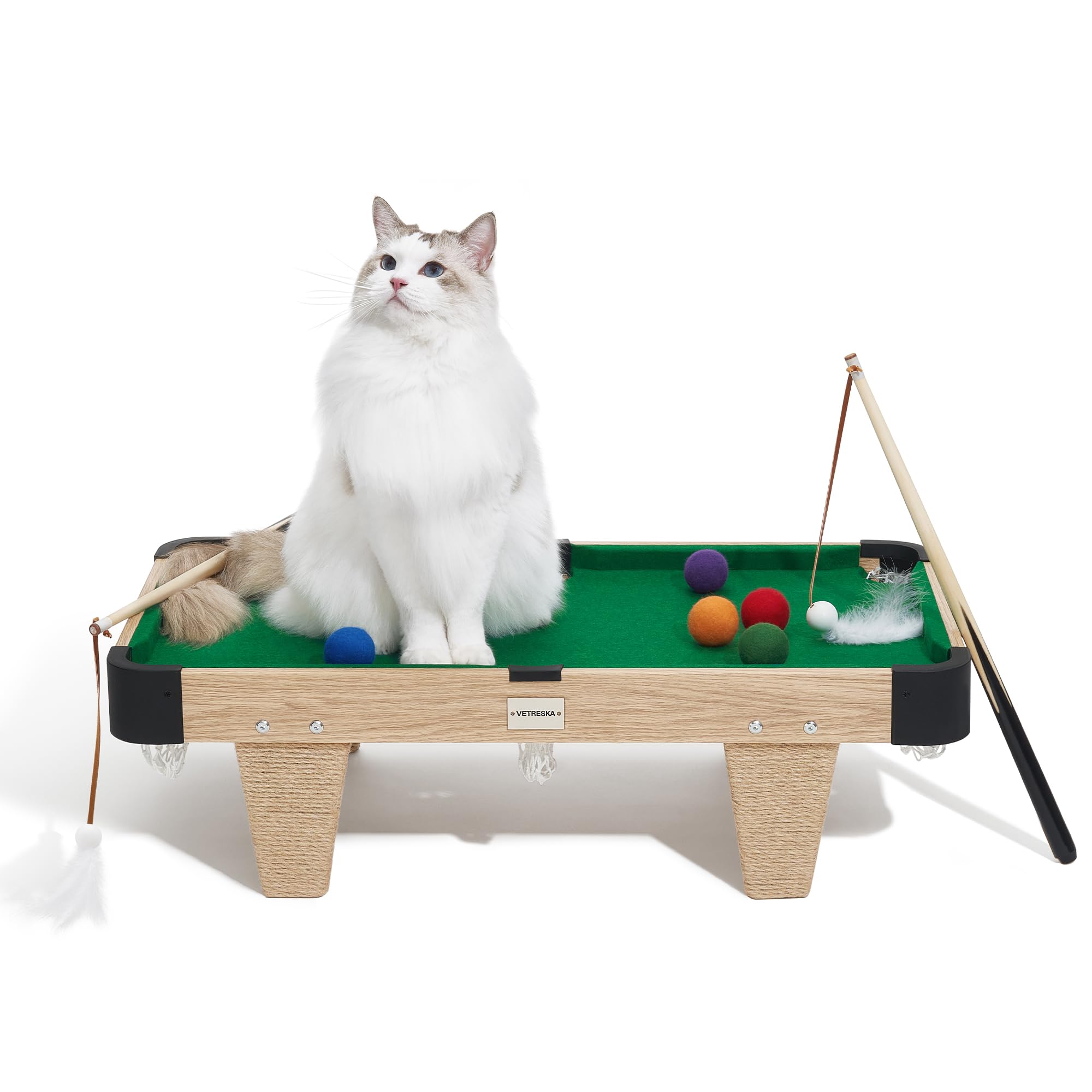VETRESKA 4 in 1 Cat Toys Mini Pool Table for Cats,Cat Feather Wand Toy Cat Billiard Ball Puzzle Toy,Cat Tree Pool Table Tower wi