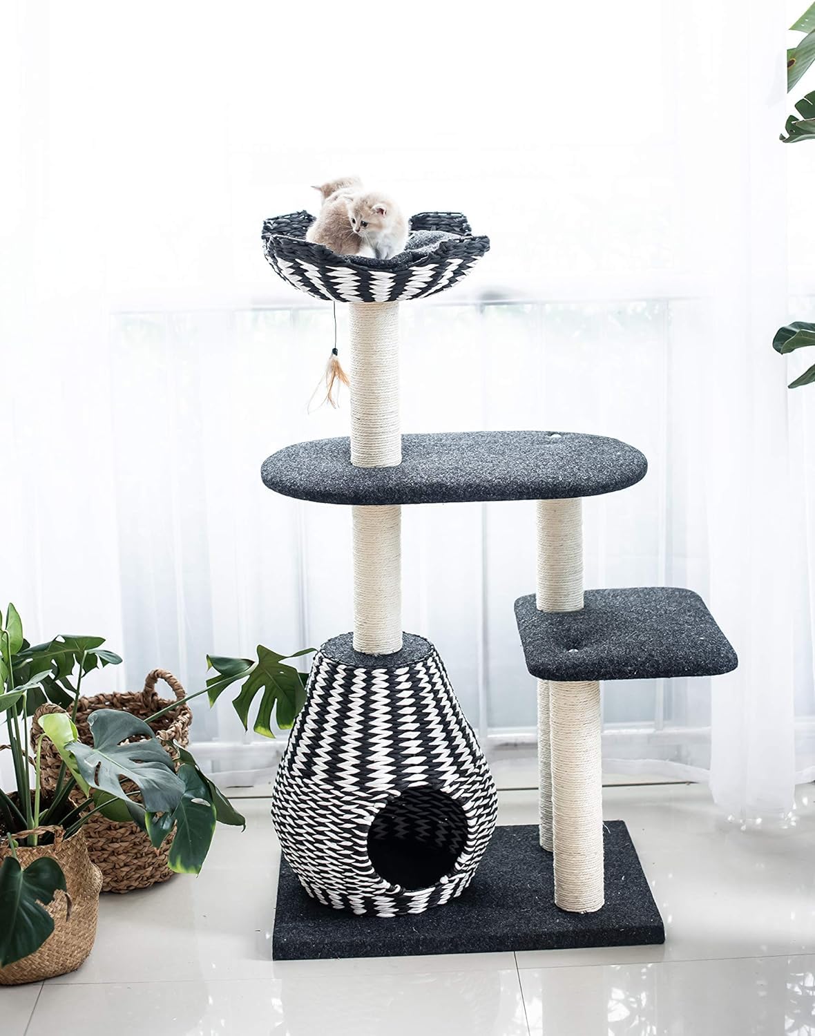 PetPals Cat Tree Royal - 3 Level, Jet Black & Porcelain White, 27x19x49", Durable Paper, Model PP2582-ROCKY, Fun Toy Included
