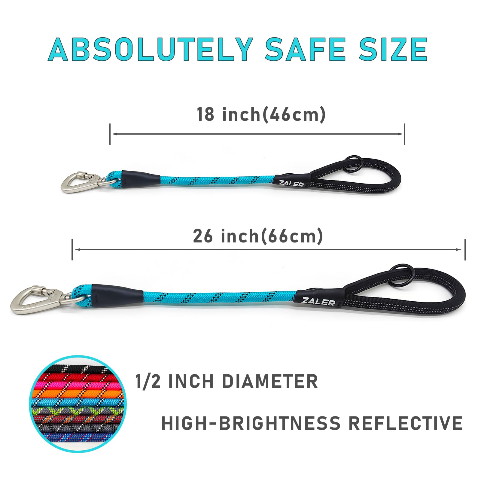 ZALER Short Dog Leash, 18 Inches Rope Traffic Leashes for Dogs, Reflective Dog Lead with O-Ring, Heavy Duty Pet Leash for Large