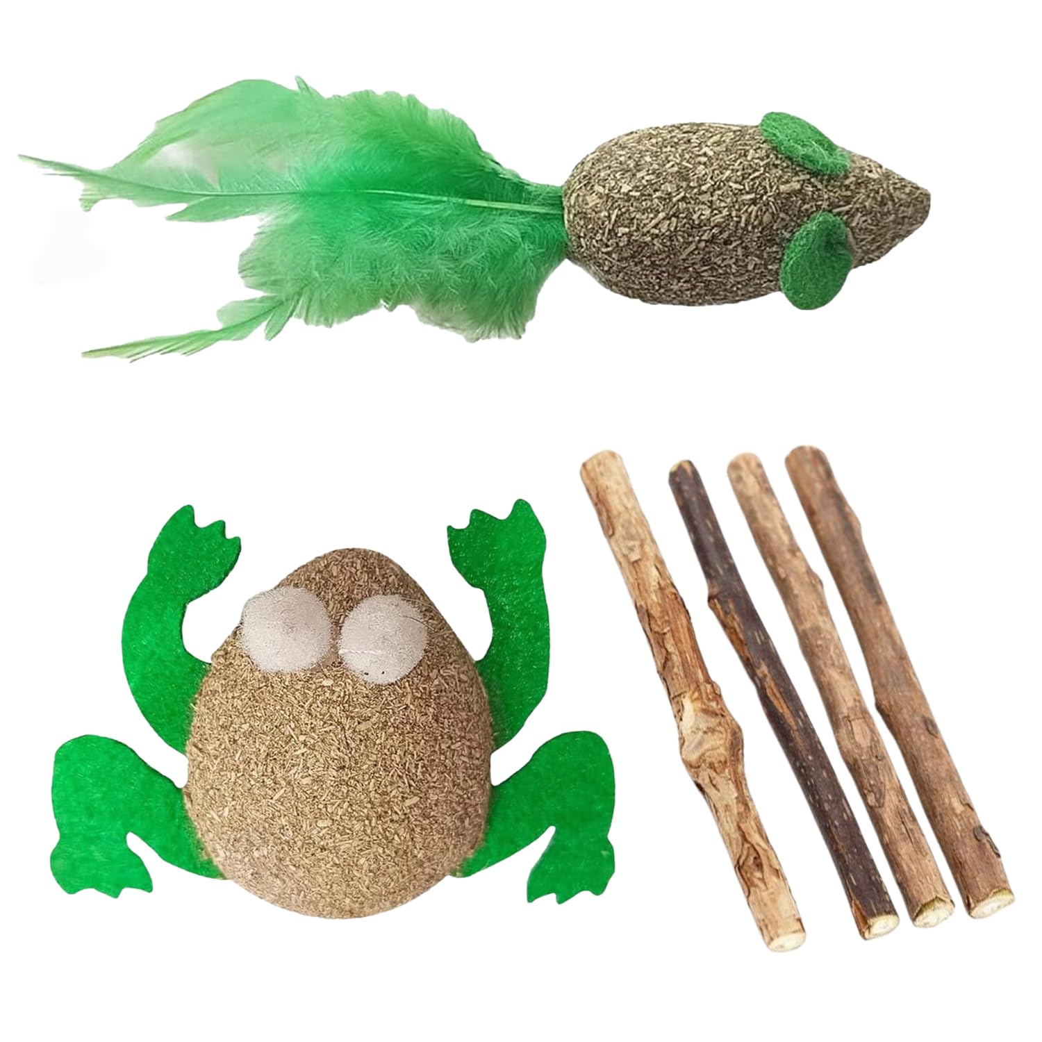 Emily Pets Catnip & Matatabi Cat Toy Set | Natural Silvervine Sticks With Interactive Mouse & Feather Toy | Dental Care, Stress 
