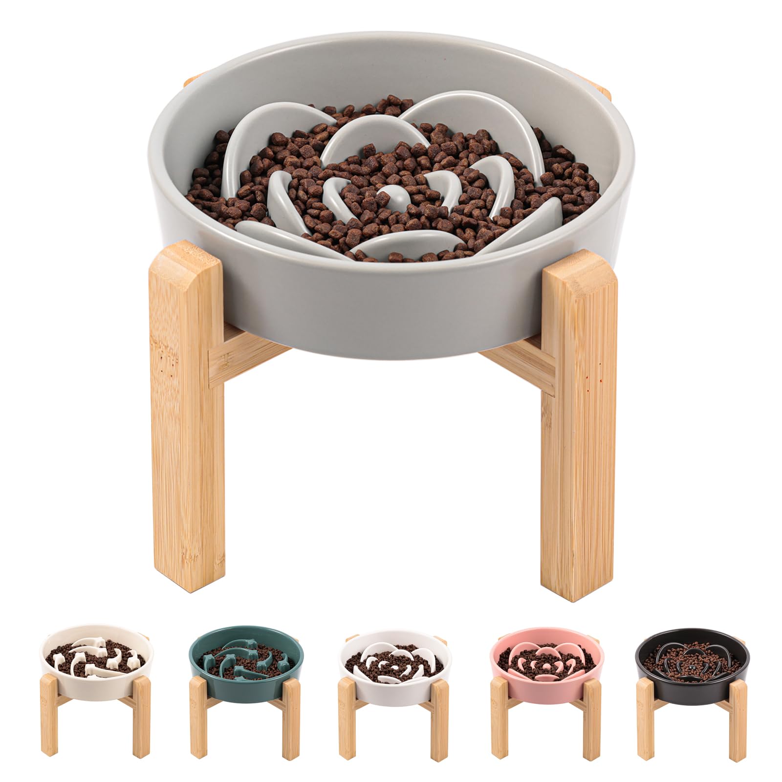 Grey Ceramic Dog Bowl Slow Feeder for Medium and Large Breed,Elevated/Raised 1.5 Cup 8.26 in Slow Feeding Bowl,Puzzle Dog Food B