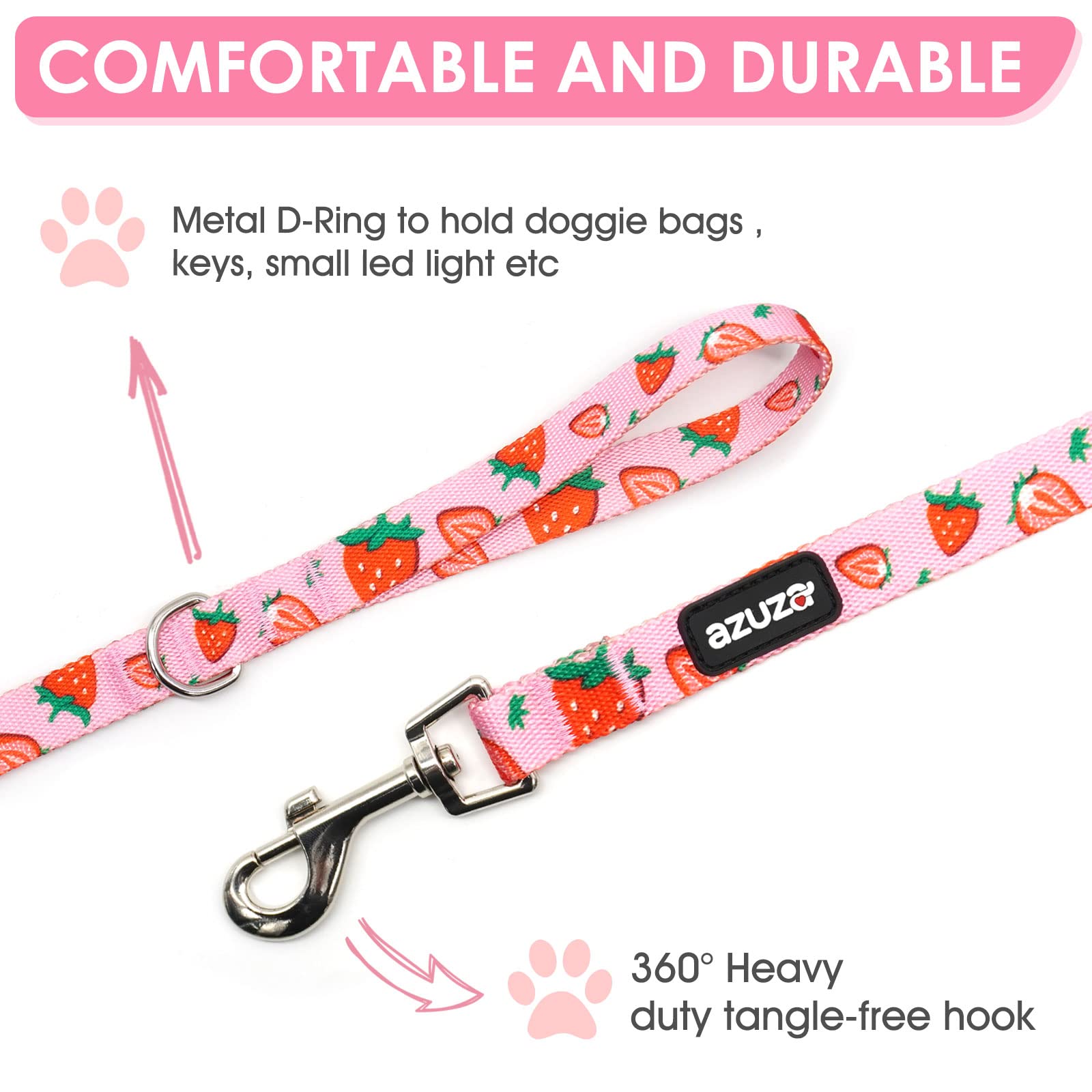 Azuza 3 Pack Fruit Design Nylon Dog Leashes Strong & Durable Basic Dog Leash With Easy To Use Collar Hook For Medium Dogs, M (5F
