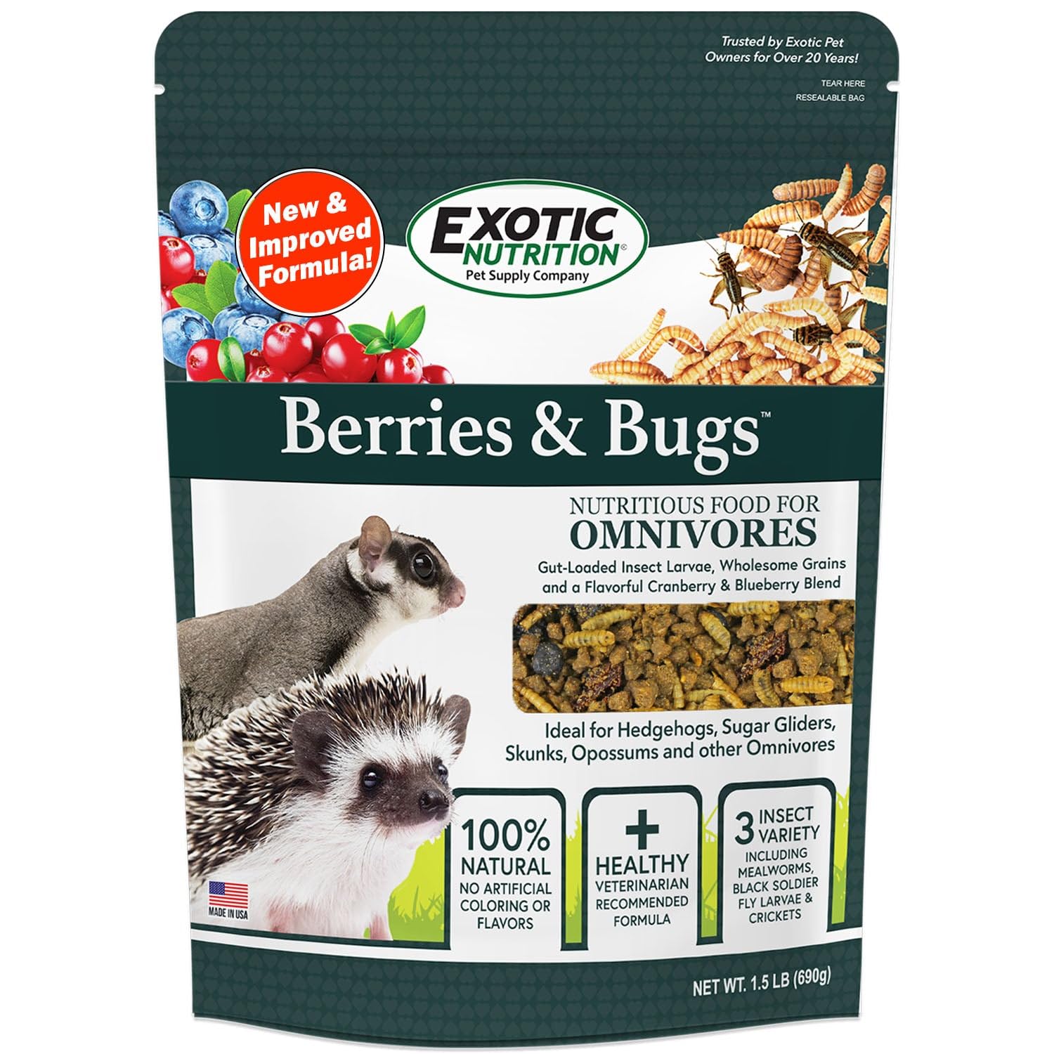 Berries & Bugs 1.5 lb - All Natural High Protein High Fiber Food for Hedgehogs, Skunks, Opossums, Sugar Gliders - Universal Inse