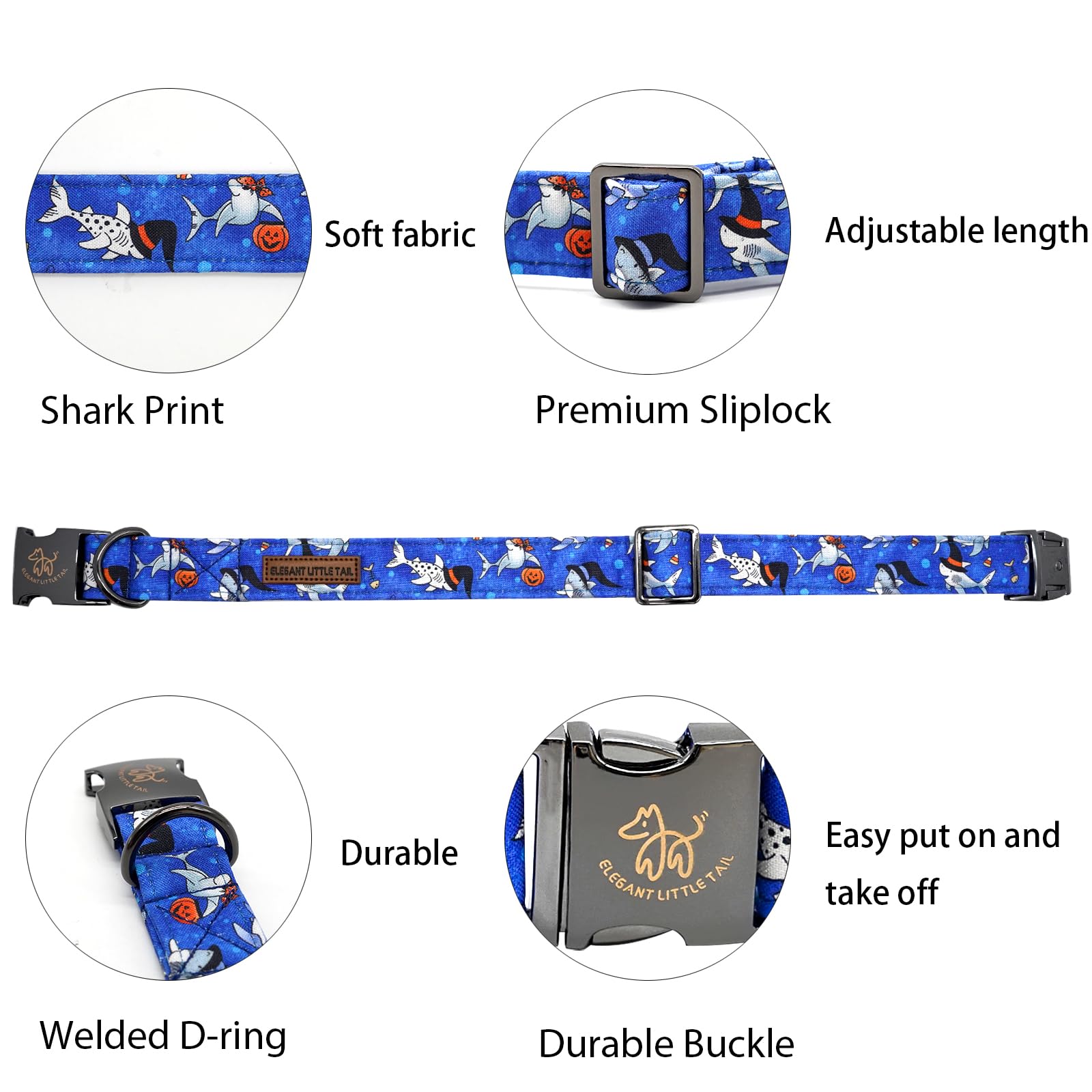 Elegant Little Tail Shark Print Halloween Pet Collar - Cotton With Metal Buckle, Adjustable For Small Dogs