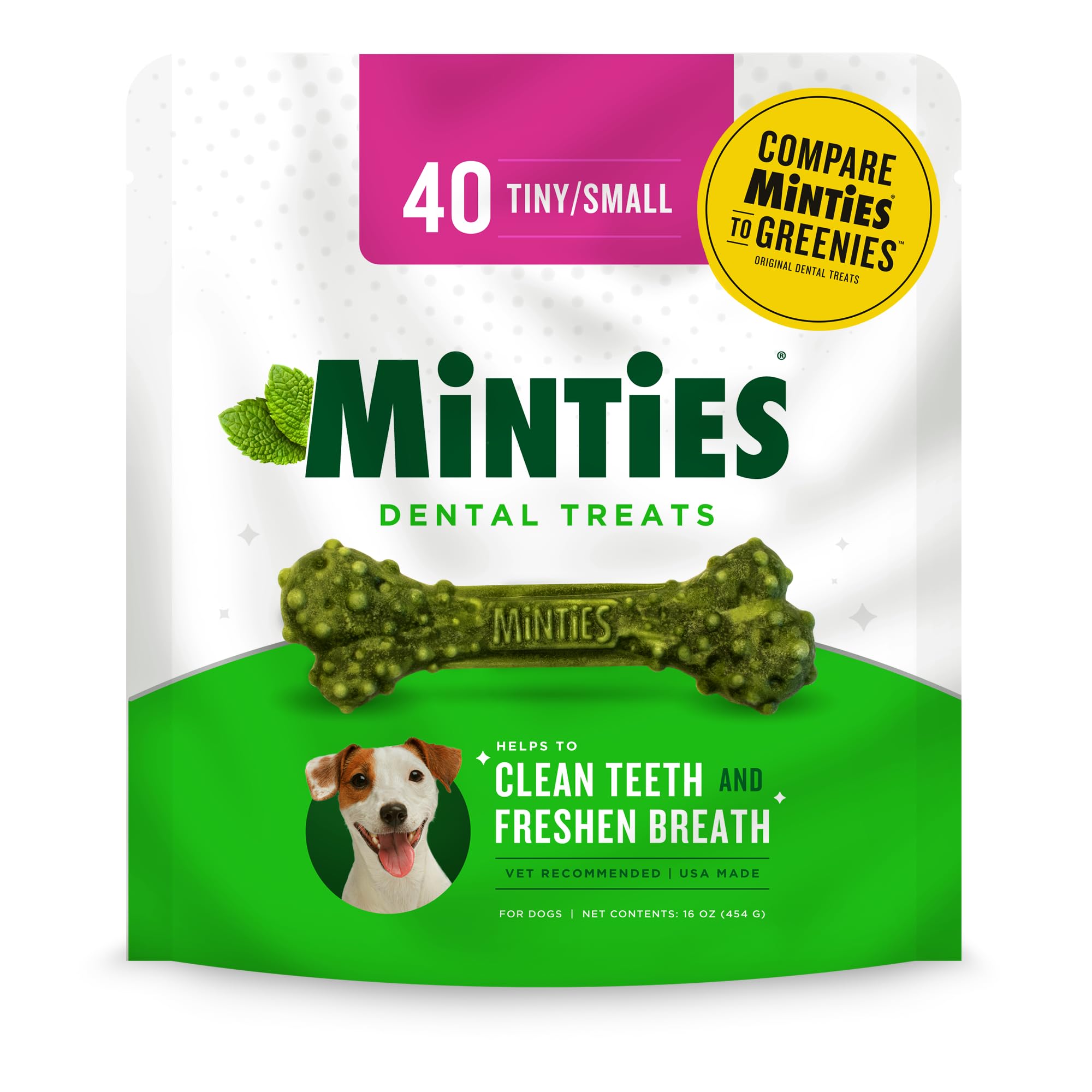 Minties Dental Chews for Dogs, 40 Count, Vet-Recommended Mint-Flavored Treats for Tiny/Small Dogs 5-24 lbs, Dental Bones Clean T