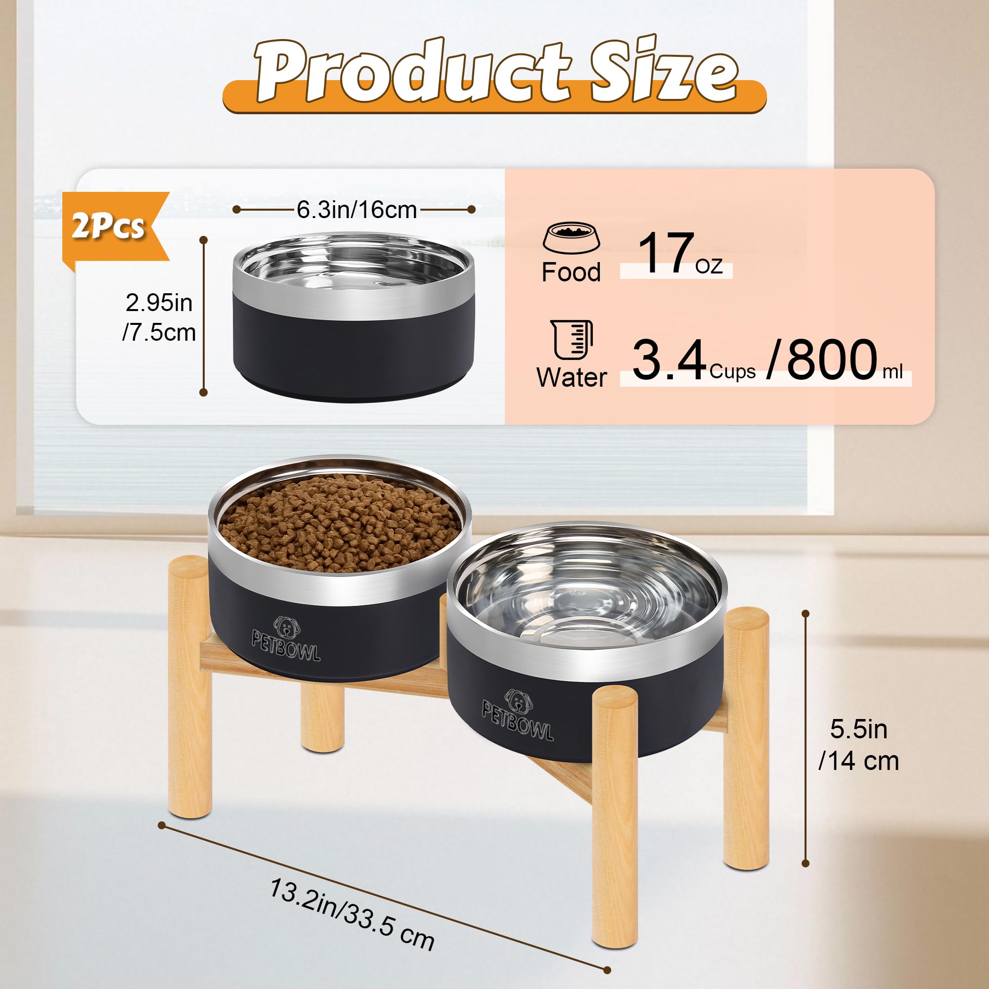 UPSKY Elevated Dog Bowls Set – 27oz Stainless Steel, Anti-Spill, Wooden Stand for Small/Medium Dogs, Reduces Neck Strain, Model 215, Black
