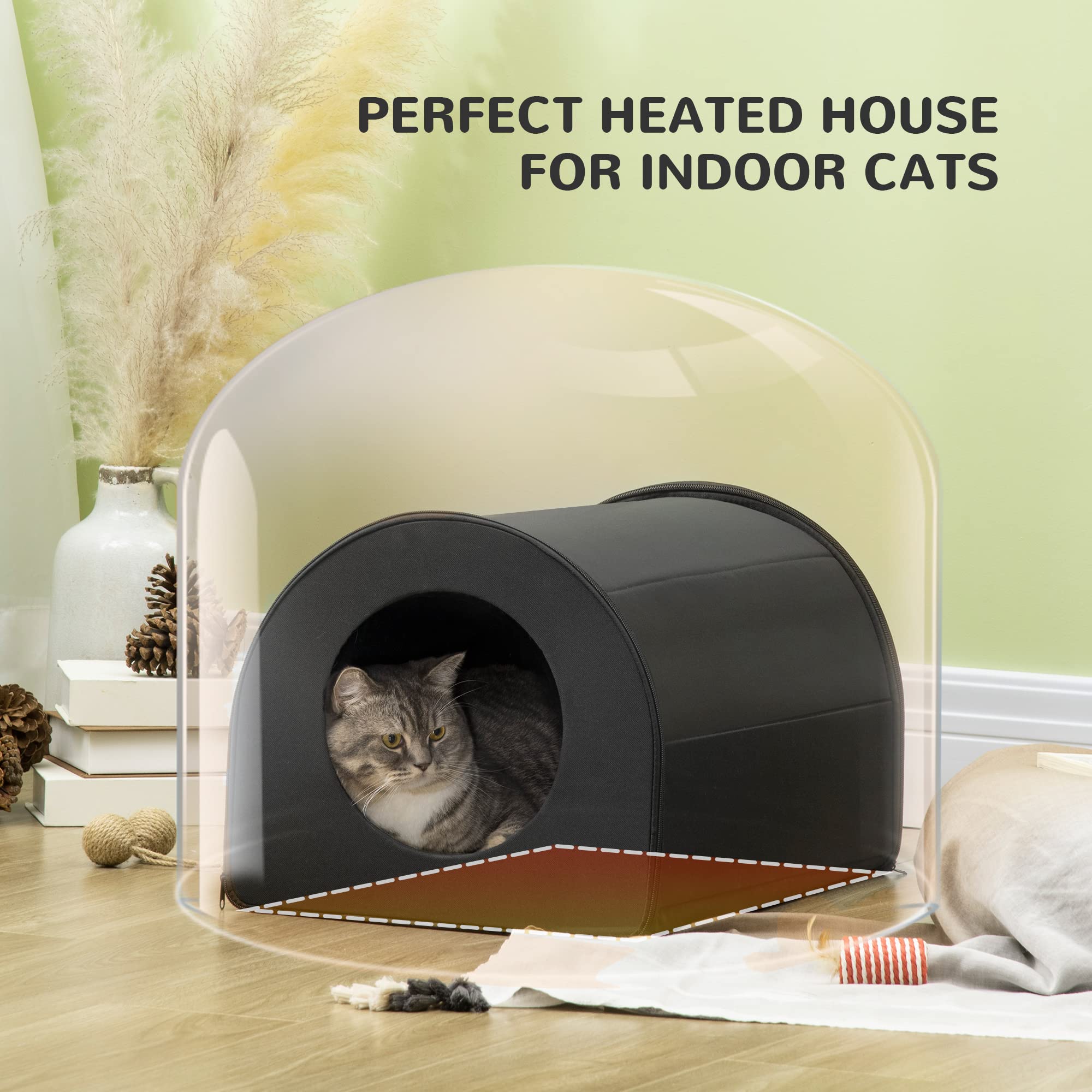 Pawhut Dome Heated Cat House Portable And Waterproof Pet Shelter For Kitty In Winter, Black