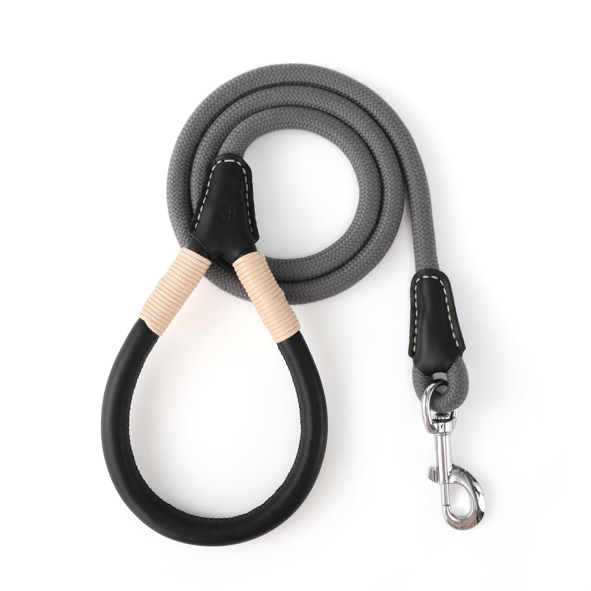 Mile High Life Genuine Leather Wrapped Handle Dog Leash, W Heavy Duty Clasp Rope Leash For Small Medium Large Dogs (Gray, 5Ft)
