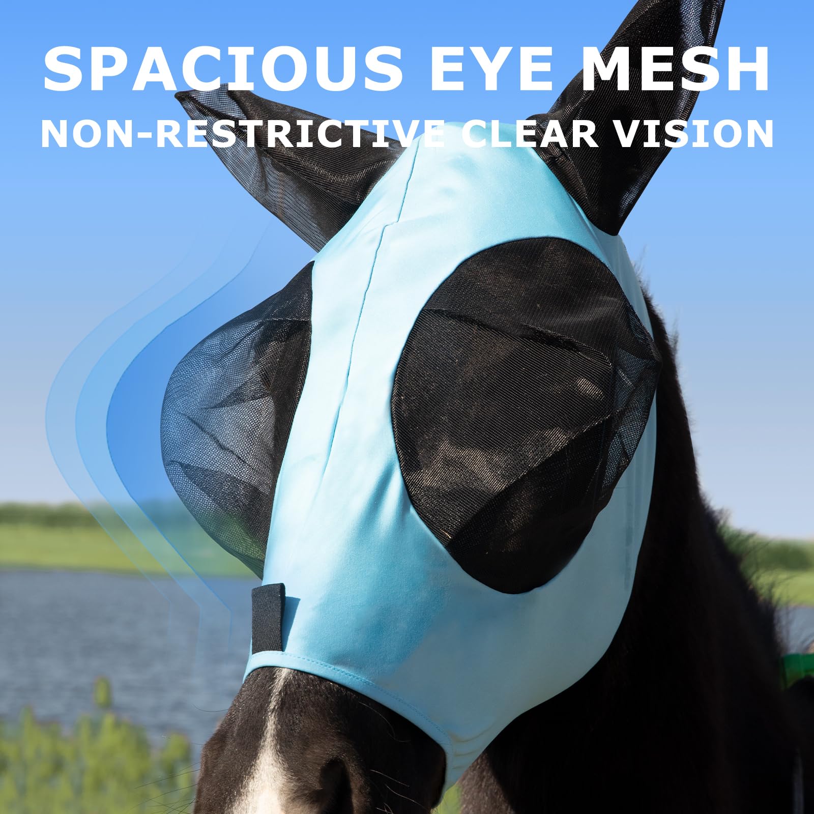 Stretchy Azure Blue Menjo Outdoors Horse Fly Mask with Ears, UV Protection for Horses, Breathable Comfortable Fly Mask Suitable