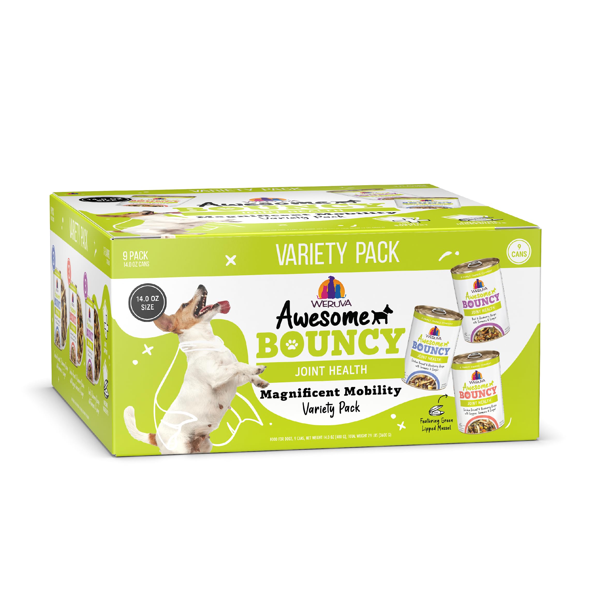 Weruva Awesome Bouncy Wet Dog Food, Magnificent Mobility Variety Pack, 14oz Can (Pack of 9)