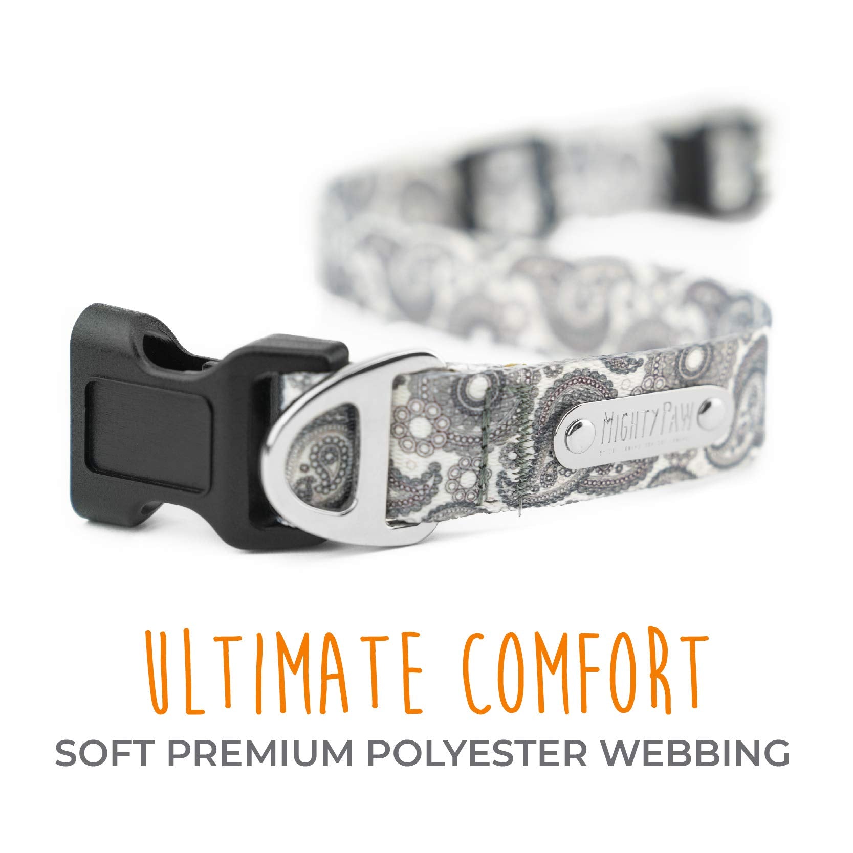 Mighty Paw Grey Paisley Designer Collar - Stylish And Sleek - Great For Small And Large Dogs - Ultimate Comfort With Soft Premiu