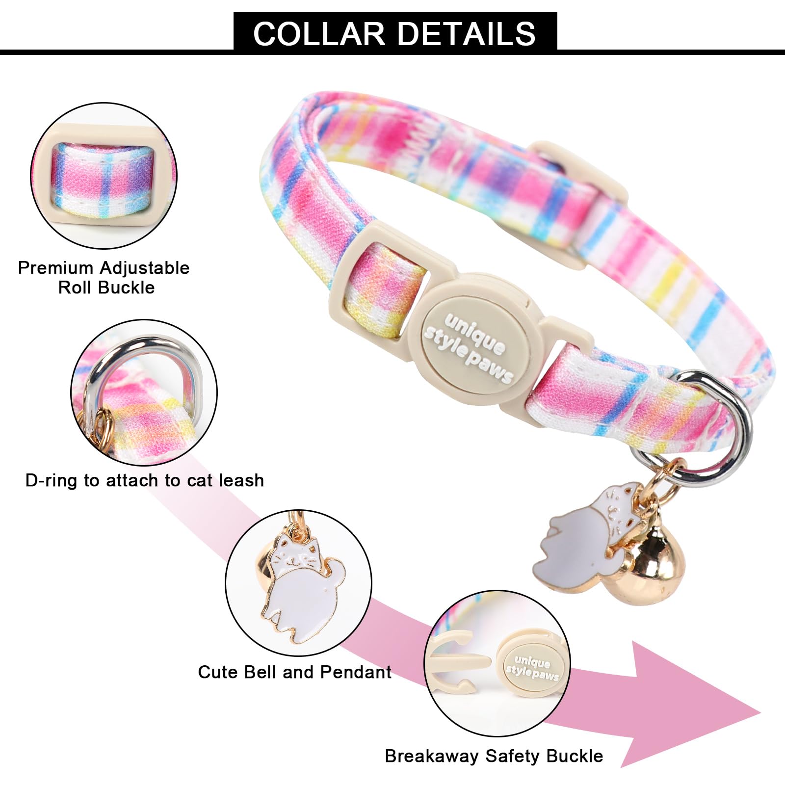 Unique Style Paws 2 Pack Easter Day Kitten Collar Breakaway With Bell&Pendant, Adjustable Safety Blue Pink Colorful Plaid Cat Co