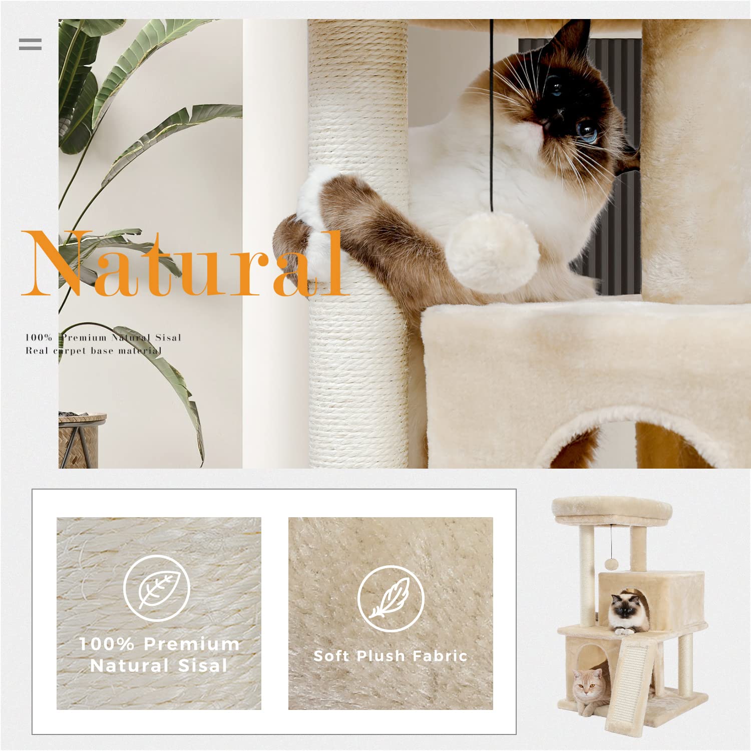 Pawz Road Cat Tree Luxury Cat Tower With Double Condos, Spacious Perch, Fully Wrapped Scratching Sisal Posts And Replaceable Dan