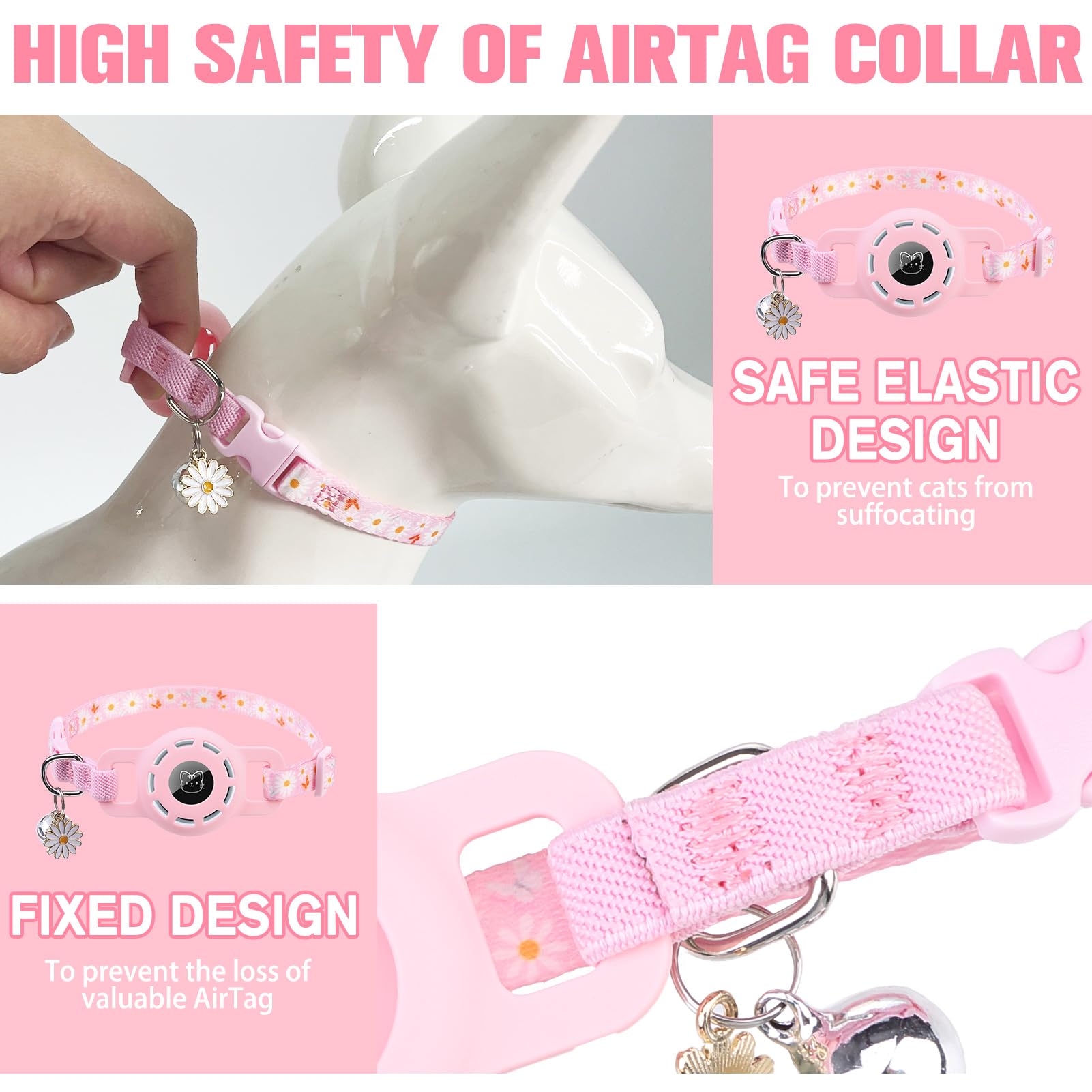 Bingpet Airtag Cat Collar With Bells, Upgraded Safety Elastic Cat Collar With Airtag Cat Collar Holder, Anti-Lost Cat Collars For Girl Boy Cats, Anti-Suffocation Kitty Puppy Collars